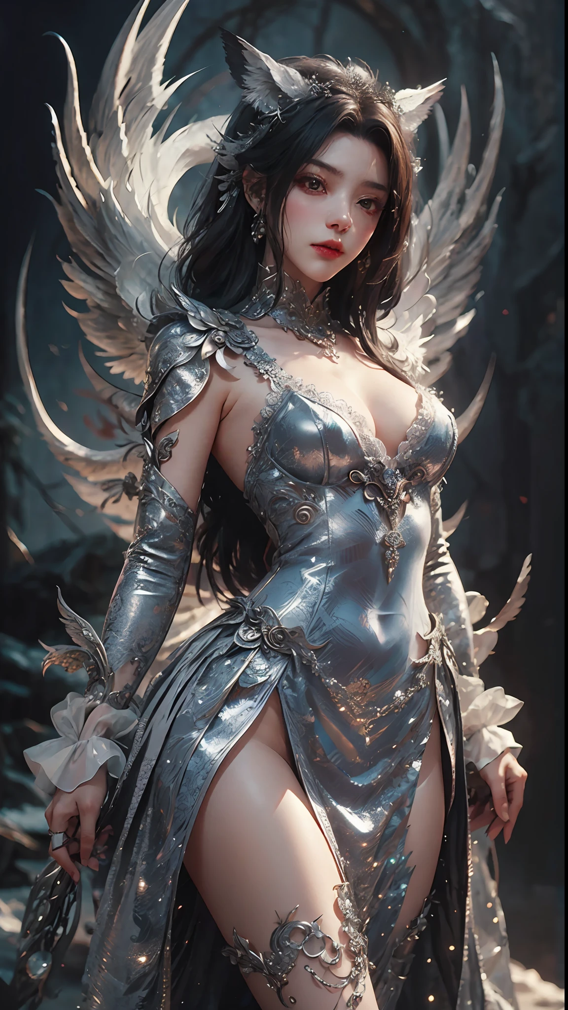 A young female vampire, beautiful, in a silver gown, cerberus in angel outfit, silver, realistic style - Variations (Strong) --auto --s2