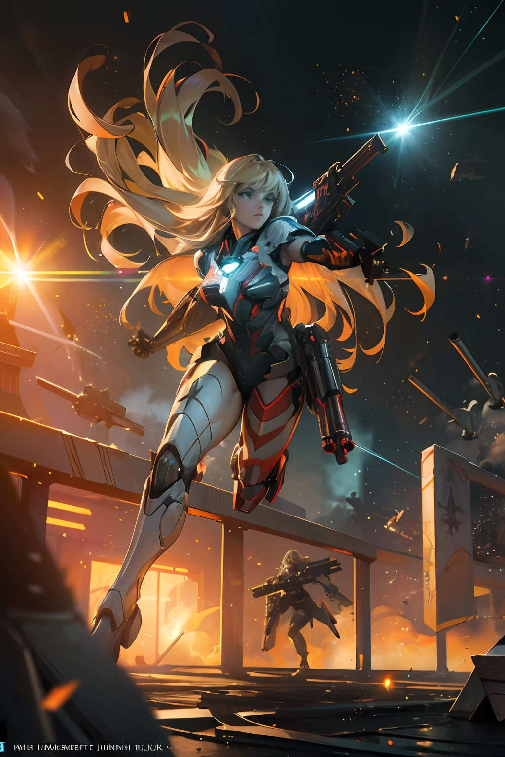 a girl Harley Quinn running and shooting a rail gun, smoke, explosion, debris, (battlefield:1.4), (running:1.4), (shooting:1.4), (Rail gun:1.4), (Thick Body:1.4), (Long Blond Hair:1.4), Green Eyes, HDR (High Dynamic Range), Ray Tracing, NVIDIA RTX, Super-Resolution, Unreal 5, Subsurface Scattering, PBR Texturing, Post-Processing, Anisotropic Filtering, Depth-Of-Field ,Maximum Clarity And Sharpness, Multi-Layered Textures, Albedo And Specular Maps, Surface Shading, Accurate Simulation Of Light-Material Interaction, Octane Render, Two-Tone Lighting, Low ISO, White Balance, Rule Of Thirds, Wide Aperture, 8K RAW, Efficient Sub-Pixel, Sub-Pixel Convolution, (Luminescent Particles:1.4), {{Masterpiece, Best Quality, Extremely Detailed CG, Unity 8k Wallpaper, 3D, Cinematic Lighting, Lens Flare}},