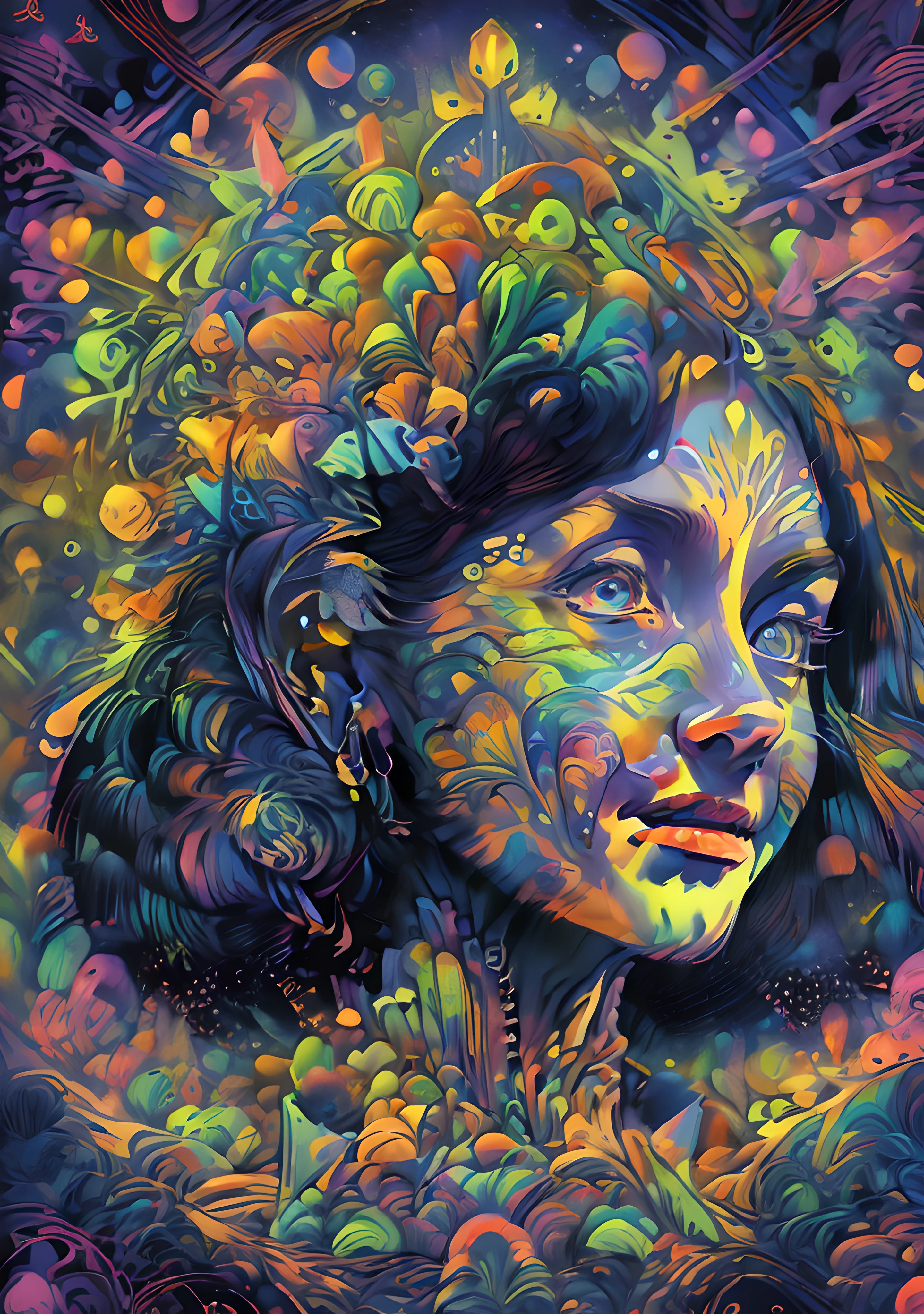 (High resolution, incredibly detailed, masterpiece), portrait of anne frank, featuring fractal geometry in (vibrant colors:0.8), set against a (galactic background:1.2), bringing together complex, mesmerizing shapes and patterns.dmt .