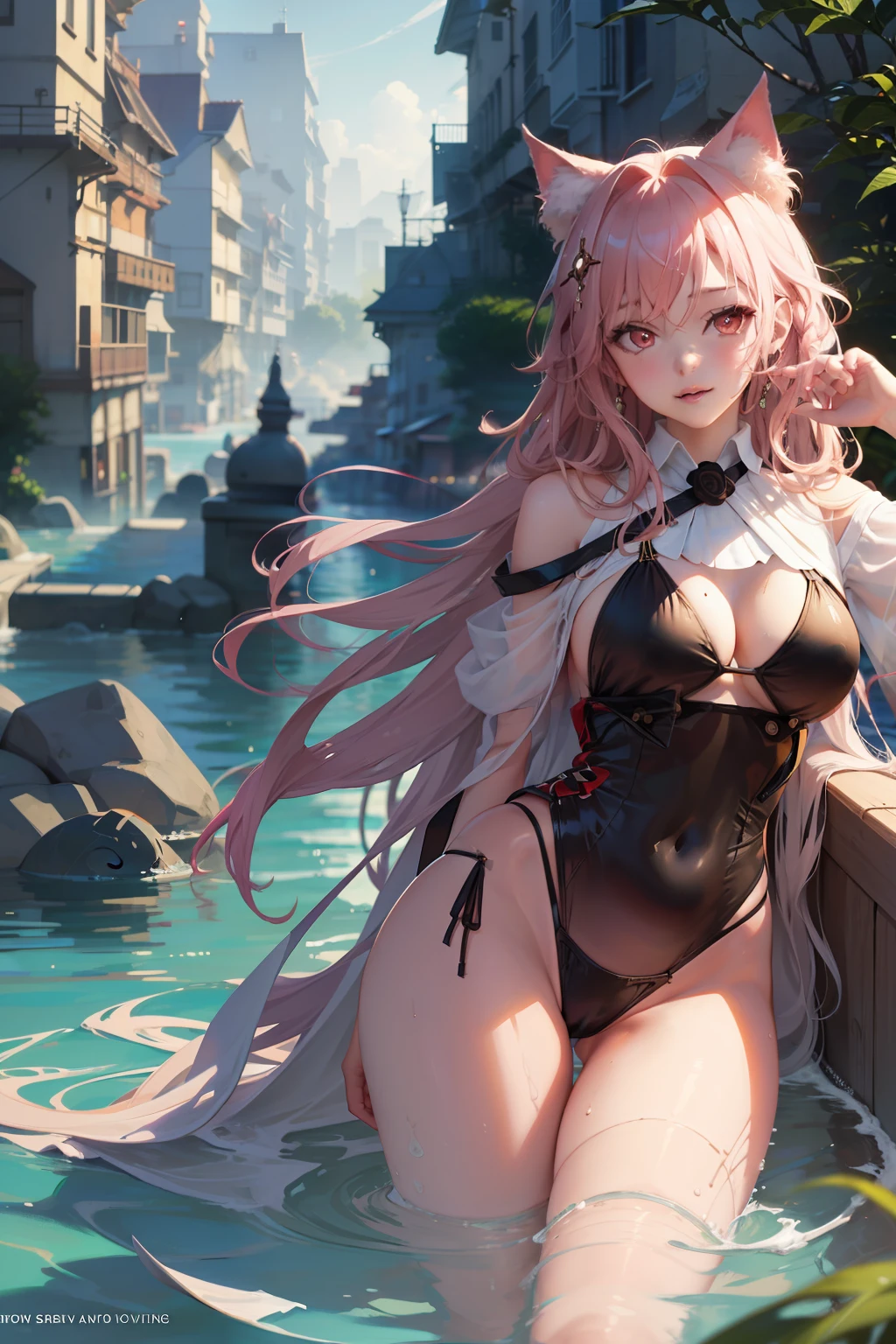 Anime girl wearing bikini in water，Has cat ears, seductive anime girls, beautiful and seductive anime woman, trending on artstation pixiv, Extremely detailed Artgerm, Guweiz on ArtStation Pixiv, Guweiz in Pixiv ArtStation, swim wears, Beautiful anime artwork, Beautiful anime girl, Beautiful anime woman, Detailed digital anime art