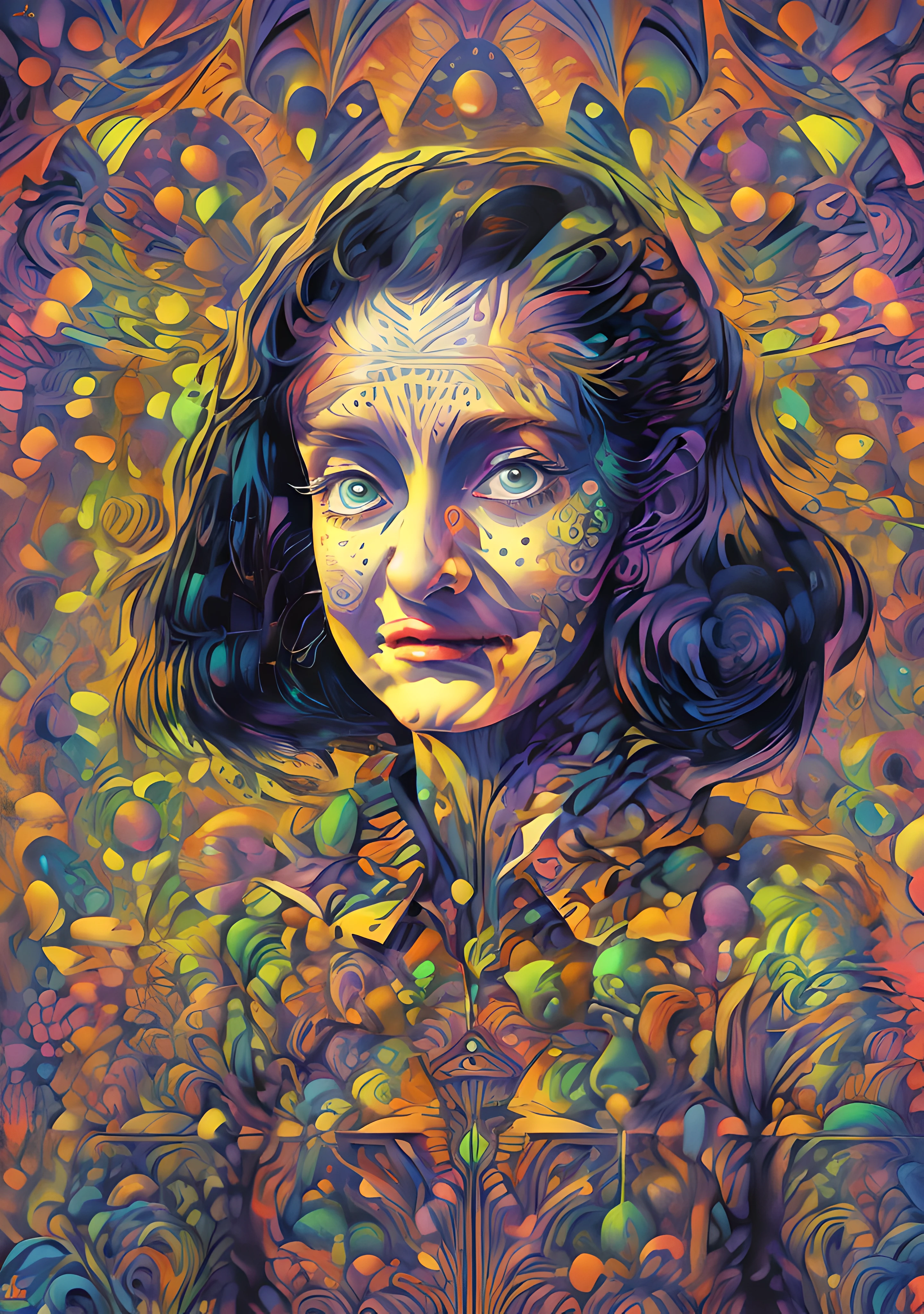(High resolution, incredibly detailed, masterpiece), portrait of anne frank, featuring fractal geometry in (vibrant colors:0.8), set against a (galactic background:1.2), bringing together complex, mesmerizing shapes and patterns.dmt .