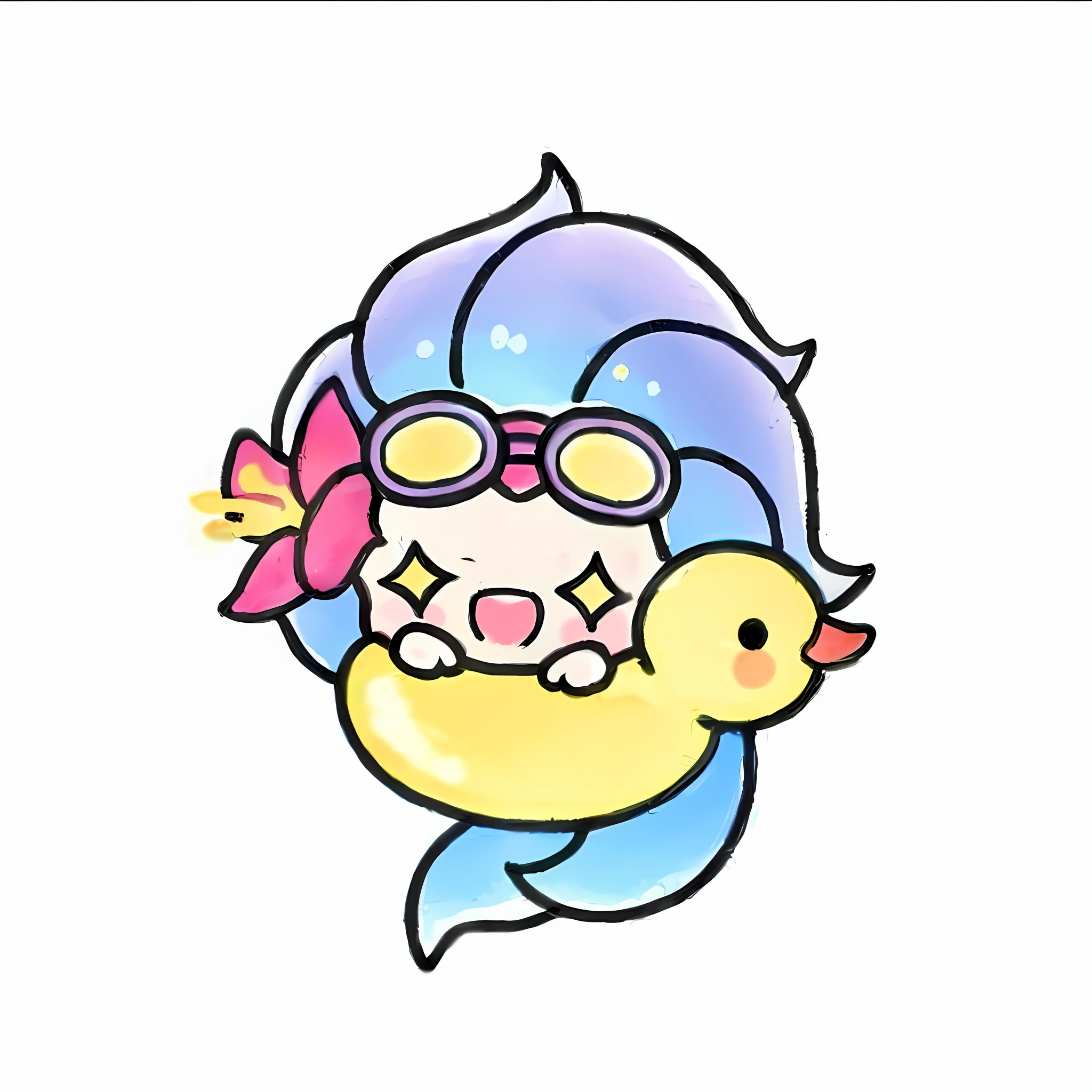 Cartoon drawing of a girl with a rubber duck, style of cute pokemon, pastel cute slime, stickers illustrations, cute axolotl, telegraph stickers design, telegraph stickers, lsd water, lovely art style, kawaii cutest sticker ever, Water type, cute artwork, sticker design, kda, fantasy sticker illustration, rubber duck, ( ( ( koi colors ) ) )