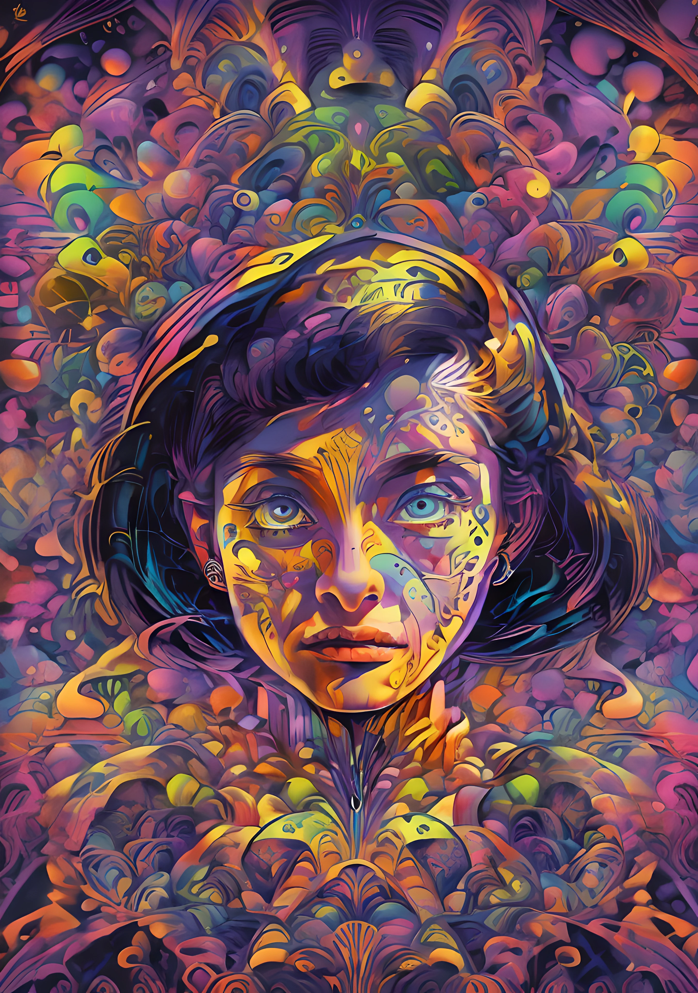 (High resolution, incredibly detailed, masterpiece), portrait of anne frank, featuring fractal geometry in (vibrant colors:0.8), set against a (galactic background:1.2), bringing together complex, mesmerizing shapes and patterns.dmt .