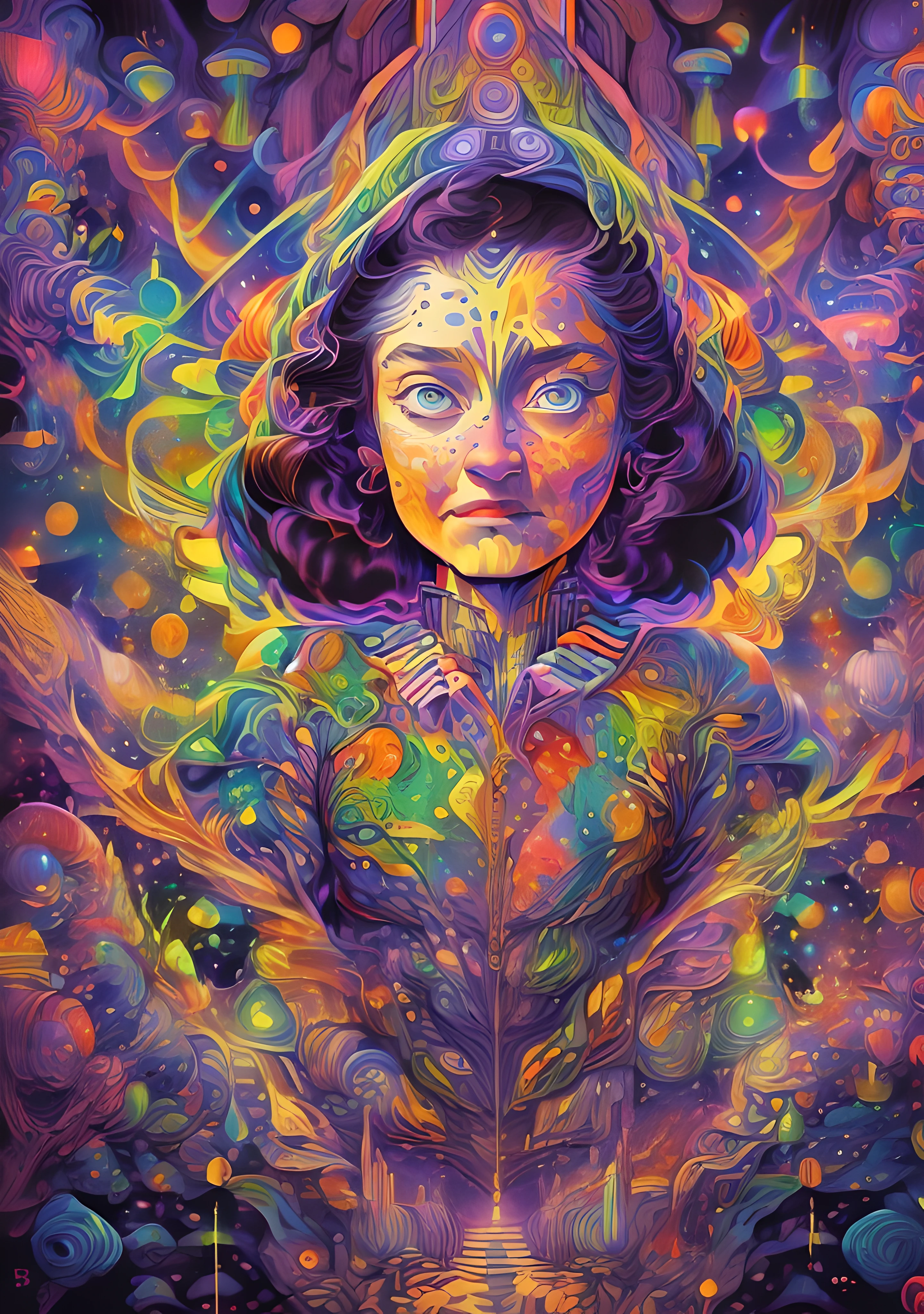 (High resolution, incredibly detailed, masterpiece), portrait of anne frank, featuring fractal geometry in (vibrant colors:0.8), set against a (galactic background:1.2), bringing together complex, mesmerizing shapes and patterns.dmt .