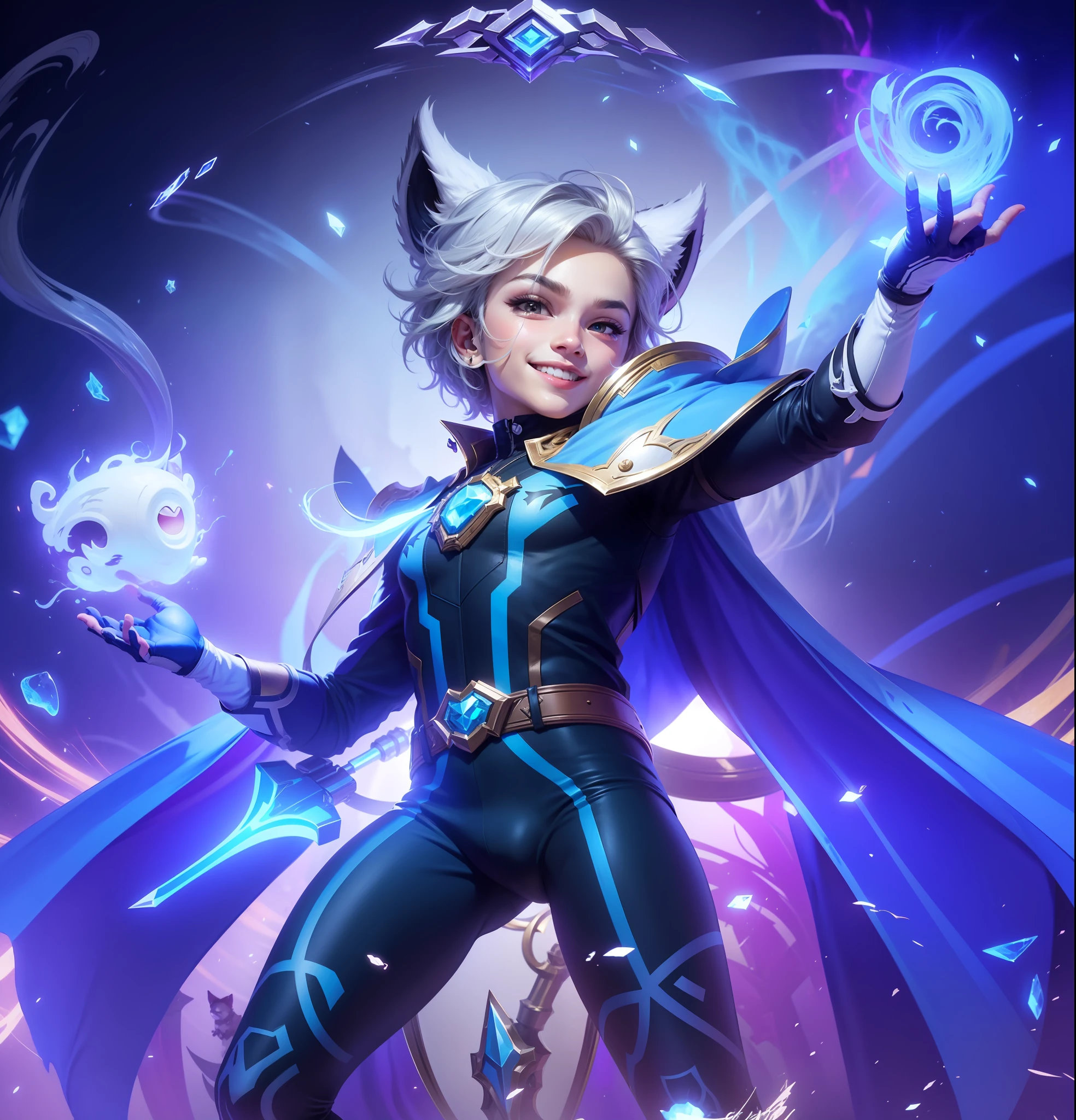 Harith EVOS Legend's skin from mobile legends, Baby face, smiling face, silver hair with big cat ears, 4K quality, super detail, ultra realistic, evos legends esports’s logo on Right hand,