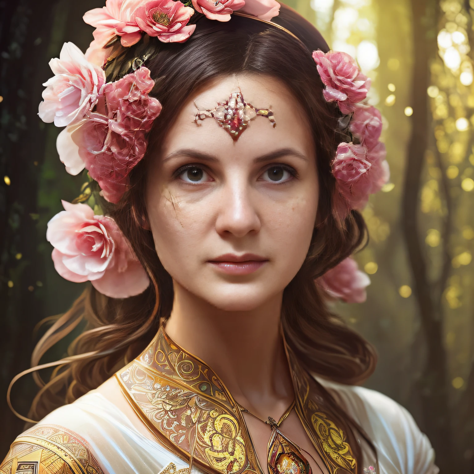 (symmetry: 1.1) (floral portrait: 1.05) a mulatto woman as a FAIRY OF THE FOREST, (assassins creed style: 0.8), pink and gold and opal color scheme, beautiful and intricate filegrid face painting, intricate, elegant, highly detailed, digital painting, art station, concept art, smooth, sharp focus, illustration, art by Greg Rutkowski and Alphonse Mucha, 8K --auto
