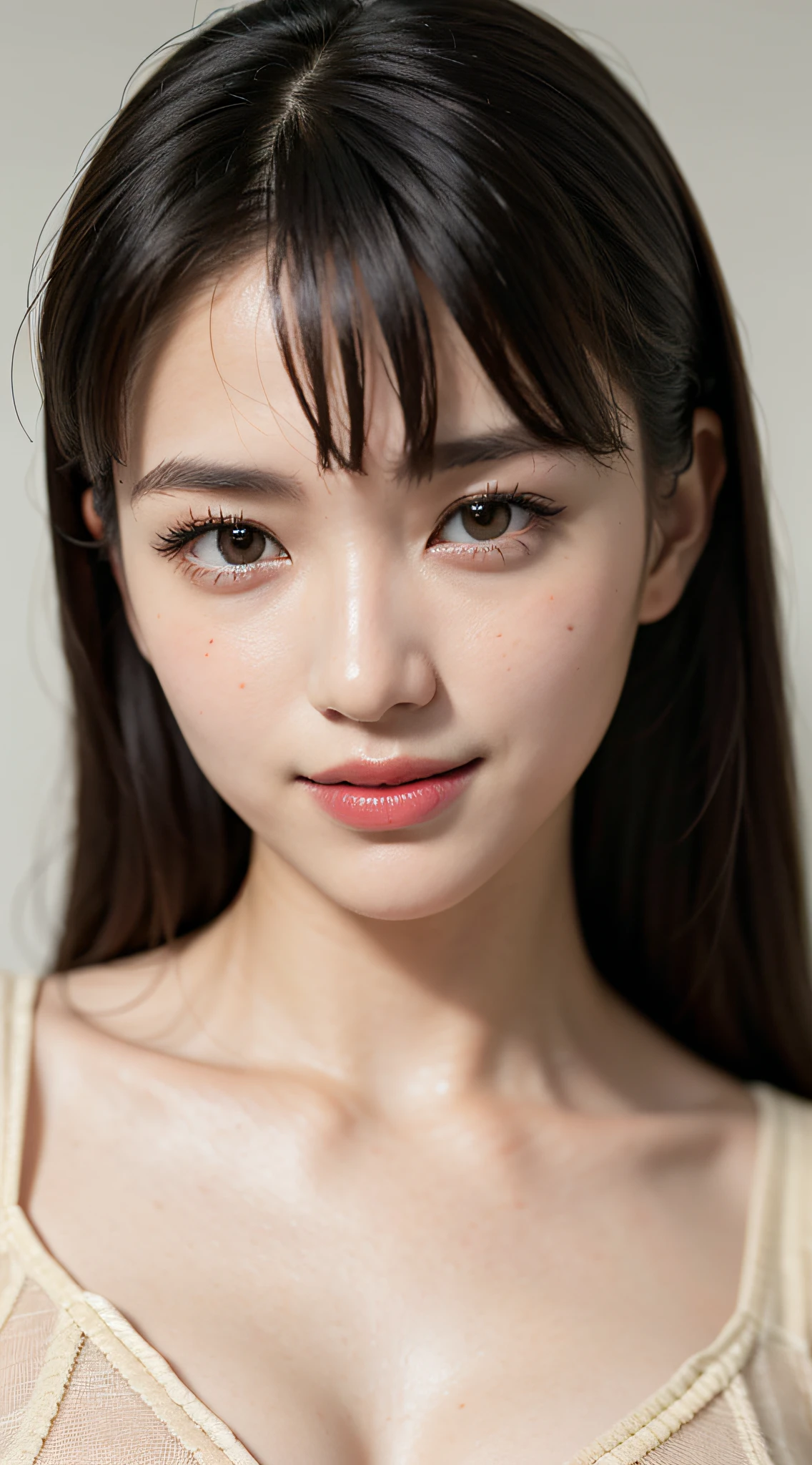 1 person woman,独奏, Close-up of the face、 (Photo Real:1.4), (hyper realisitic:1.4), (realisitic:1.3), (Smooth lighting:1.05), (Improve video lighting quality:0.9), 20 years girl, Realistic lighting, Back lighting, (cheerfulness:1.2), (Improved image quality:1.4), (Finest Real Textured Skins), Narrow-eyed, Super fine face, ssmile, Double eyelids, close up of face, hposing Gravure Idol, Red to Teak, eyeshadows、lipsticks、glowy skin, selfee, Ray tracing, reflective light, F/1.2, 135 mm, NIKON, nffsw, nffsw, retinas, tre anatomically correct, ccurate, Super Detail, Textured skin, High quality, high details, Best Quality, hight resolution, 1080p,