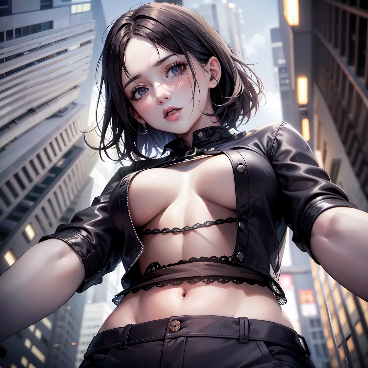 woman, (((from below))), busy city, foreshortening, (seductive pose), looking at viewer, mad, blackcutoffs, (eye contact), african,  photorealistic, masterpiece, realistic, high contrast, hyper detailed, best quality, ultra high res, photorealistic, high resolution, detailed, raw photo, perfect anatomy