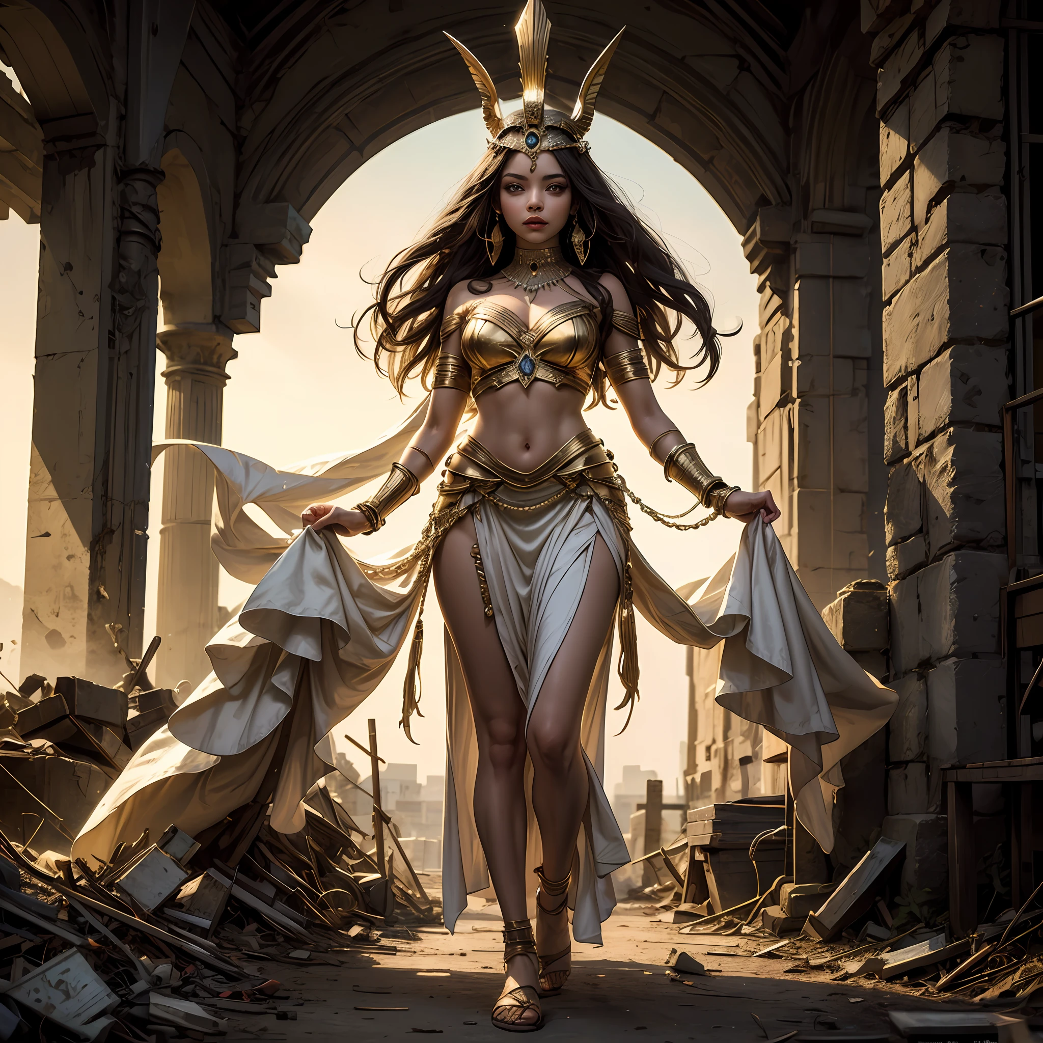 ((high quality)), ((masterpiece)), 8k, 1 girl, black skin, yellow eyes, no smile, extremely detailed CG unity 8k wallpaper, sharp teeth, looking at viewer, dressed like an Egyptian queen, white dress, Egyptian queen style, with a golden string across her face, full body, electricity surrounds, healthy physique, long and messy hair, brown hair, post-apocalypse, electrical control,
