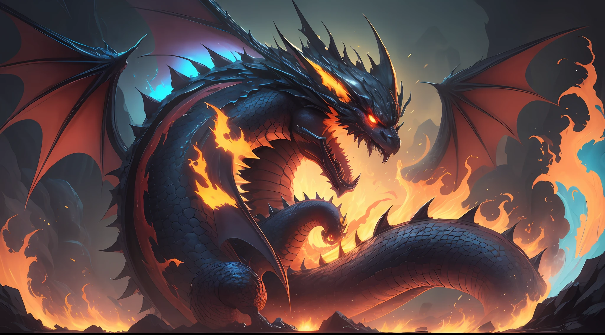 illustration for children's book. villain, black dragon, monster, gigantic. dark cave. fire. huge wings like a bat's. viper yellow eyes --auto --s2