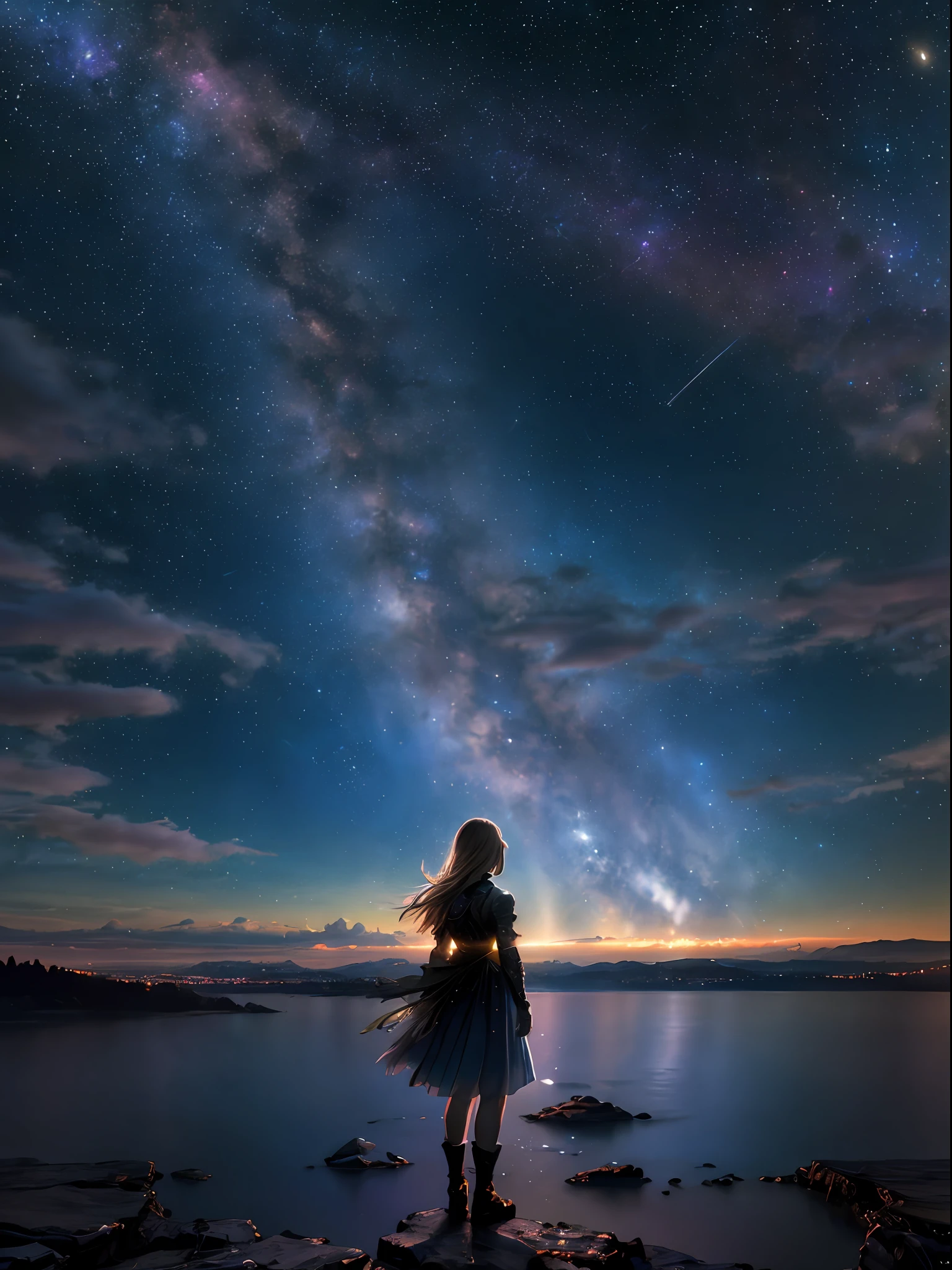 (masterpiece, high resolution, enchanting:1.3), A photo taken from behind a blonde girl in an urban park. It is nighttime, and the sky is adorned with stars and galaxies. The only source of light is from the celestial heavens, casting a soft and ethereal glow. The girl stands amidst the park, her silhouette illuminated against the backdrop of the cosmic sky. The photo captures the tranquility and wonder of the moment, as she becomes immersed in the enchanting beauty of the starlit night, Cinematic, Hyper-detailed, insane details, Beautifully color graded, Unreal Engine, DOF, Super-Resolution, Megapixel, Cinematic Lightning, Anti-Aliasing, FKAA, TXAA, RTX, SSAO, Post Processing, Post Production, Tone Mapping, CGI, VFX, SFX, Insanely detailed and intricate, Hyper maximalist, Hyper realistic, Volumetric, Photorealistic, ultra photoreal, ultra-detailed, intricate details, 8K, Super detailed, Full color, Volumetric lightning, HDR, Realistic, Unreal Engine, 16K, Sharp focus, Octane render --v testp