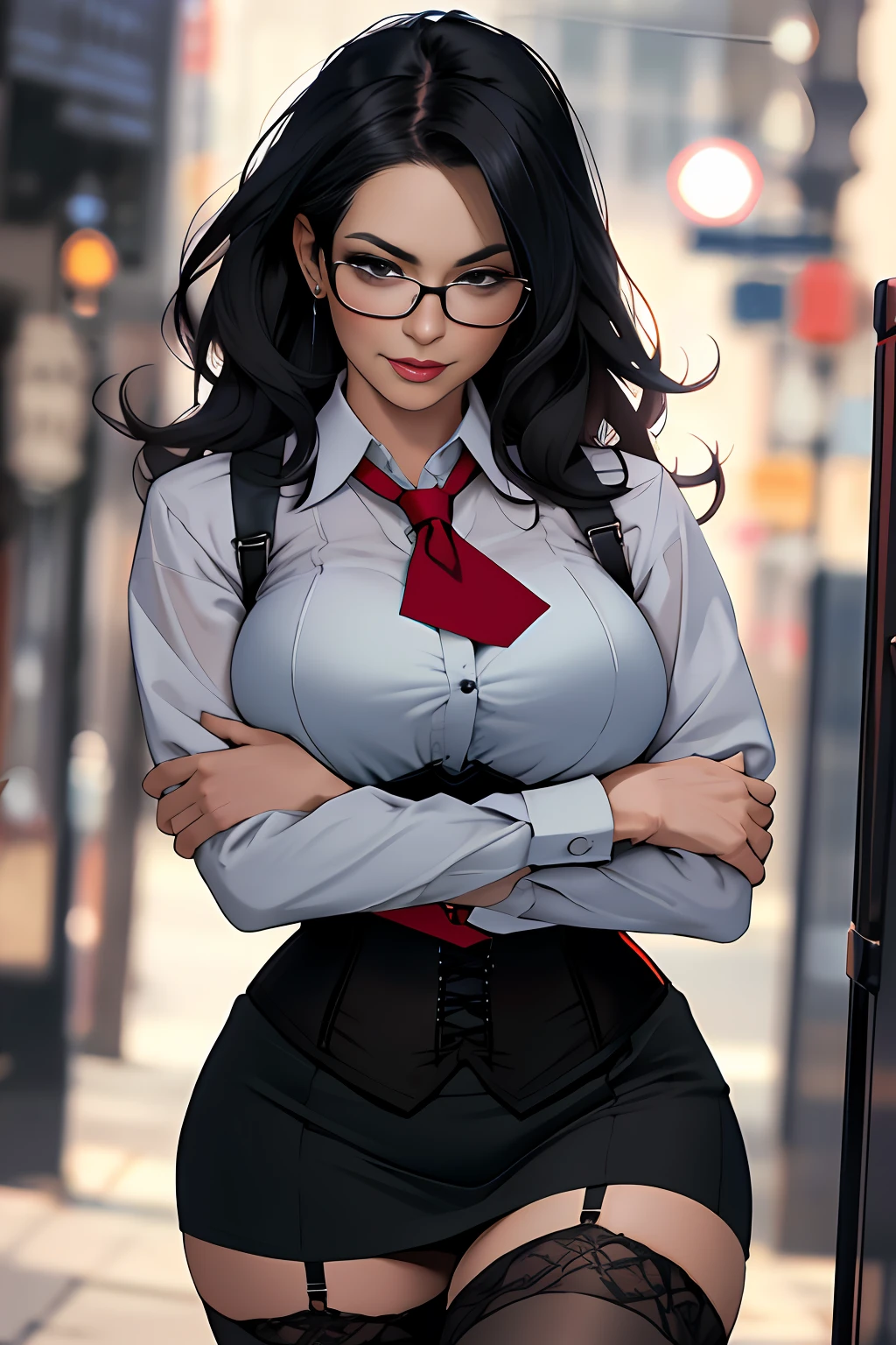 Best quality, masterpiece, slutty secretary, wearing glasses, big tight, breast, wearing corset and stocking, ultra high res,detailed background,realistic,hadesstyle,solo,woman,mature,bara,mature,breast, female, long black hair, \(theme\),dark fantasy,evil,depth of field