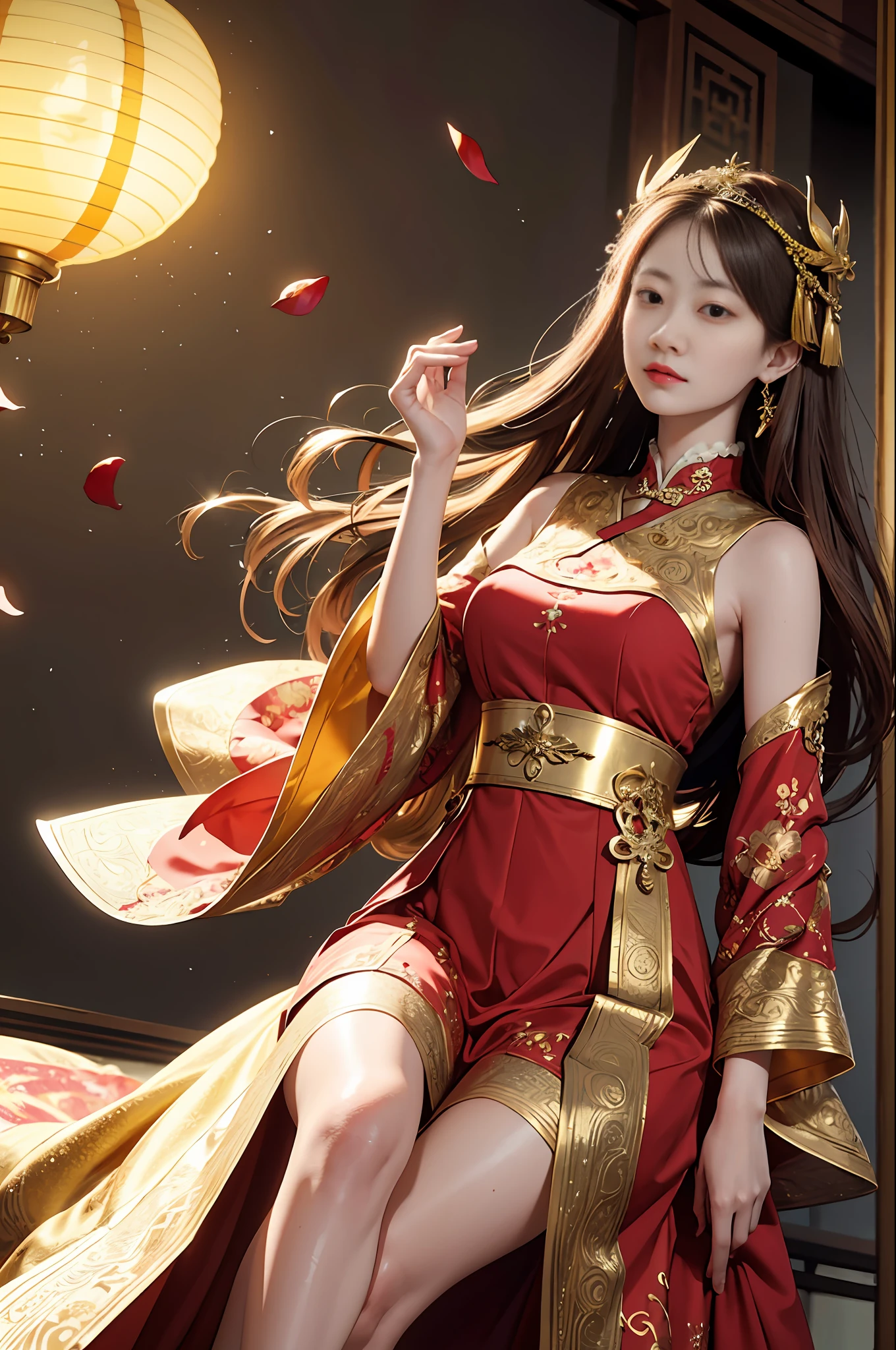 best quality, masterpiece, highres, (exquisite body:1.5),gorgeous face,(milky skin:1.3),intricate details,high resolution,wallpaper,
1girl, solo, dress, hair ornament, (((gold and red dress))), flowers, long hair, brown hair, closed mouth, jewelry, long sleeves, hand up, wide sleeves, big eyes,floating hair, chinese clothes, hanfu, embroidery, long skirt, natural pose, falling petals, indoor,fanning, lantern,
16K,HDR,highres,depth field,(film grain:1.1),boken,golden hour,(lens flare),vignette,rainbowing,(color grading:1.5)