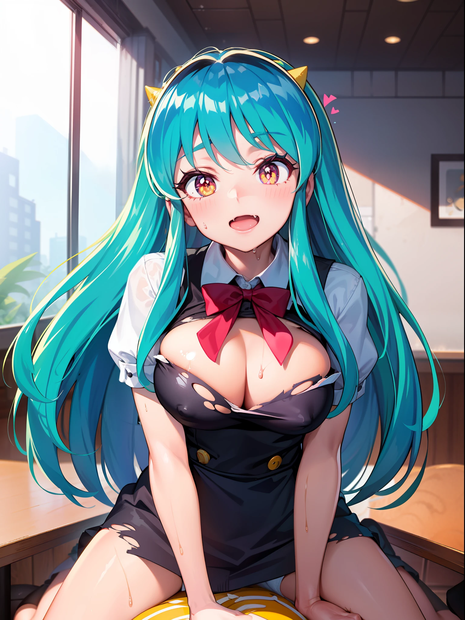 lum invader, detailed, anime, (torn waitress: 1.2), masterpiece, best quality, open mouth, fang, ultra-detailed, yellow eyes, Pretty eyes, Detailed face, Pretty girl, Big chest, Blushing, (Wet: 1.2), breasts, areola slip, (missionary position:1.5), (nipple: 1.2), (in a restaurant: 1.2), (heart shaped pupils: 1.5)