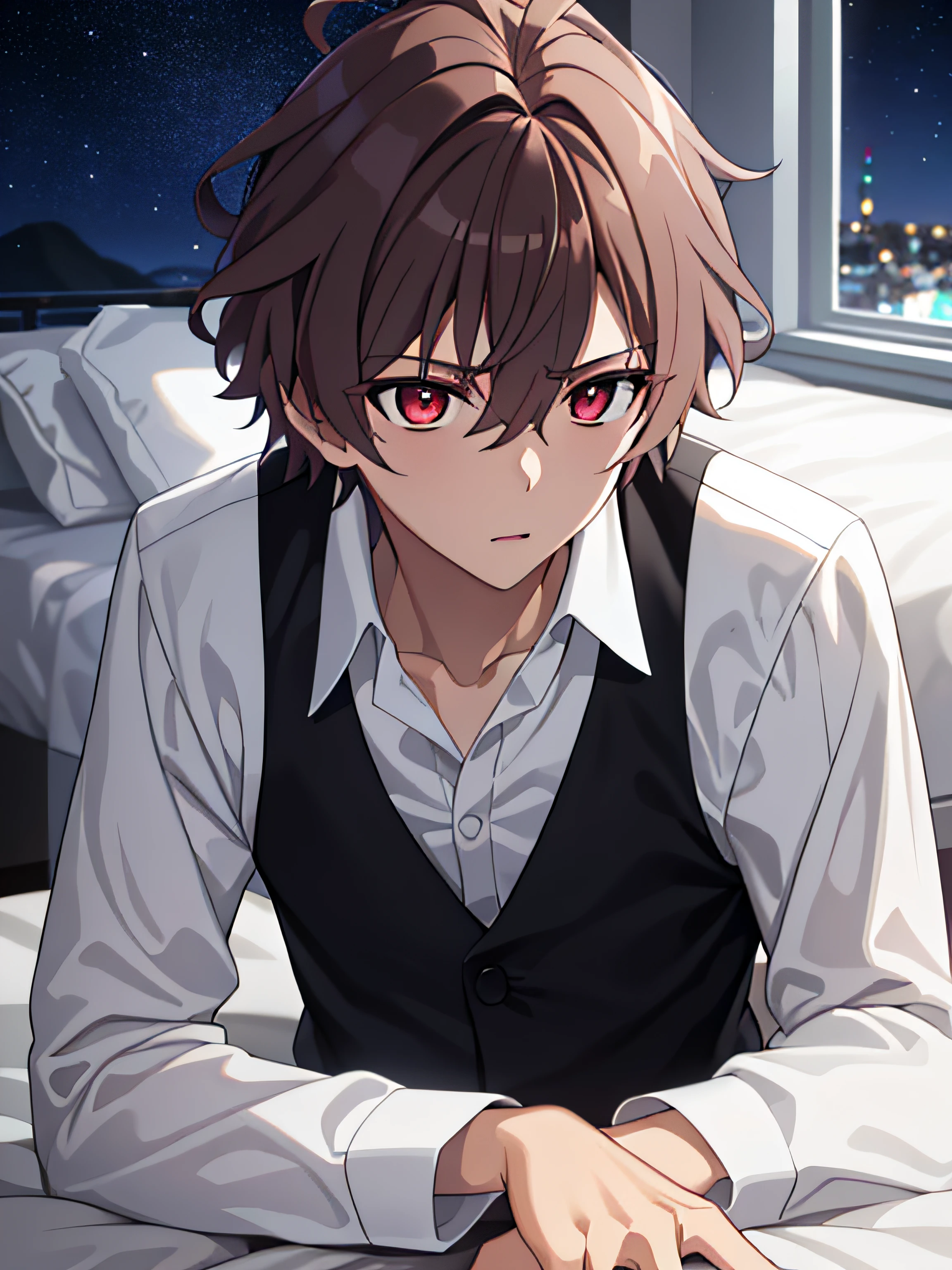 tmasterpiece， Best quality at best， high high quality， 1boy， 独奏， malefocus，The upper part of the body， sieg_fate，sobu，Bedroom lighting，Go to bed,,nigth，You can see the starry sky outside the window，anger