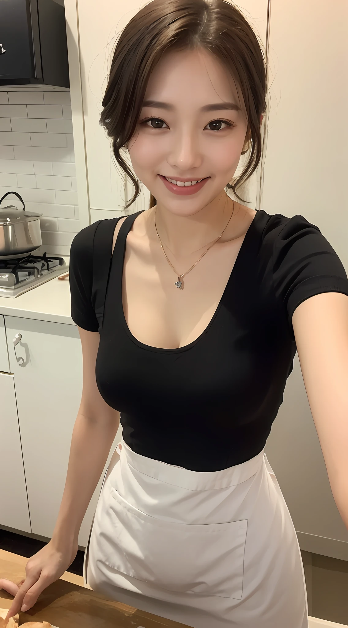 (Best quality, 8k, masterpiece: 1.3), a beautiful woman with perfect figure: 1.4, dark brown hair, wearing a pendant, wearing an apron, in the kitchen, highly detailed face and skin, detailed eyes, double eyelids, big breasts, smile