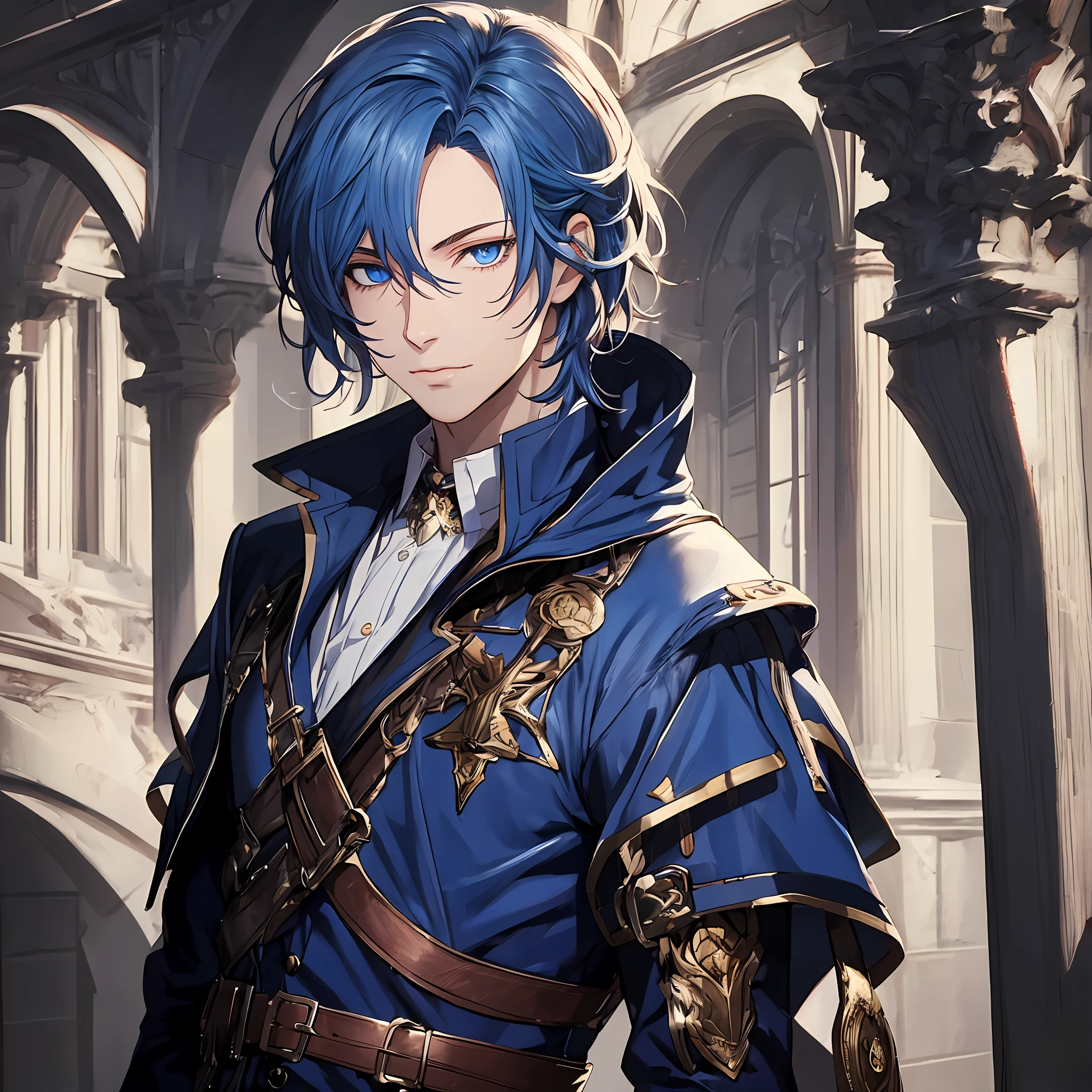 masterpiece, best quality, 1man, adult, male focus, solo, blonde hair, medium hair, vibrant blue eyes, looking at viewer, closed mouth, Fantasy aesthetics, Highly detailed, shadowverse style