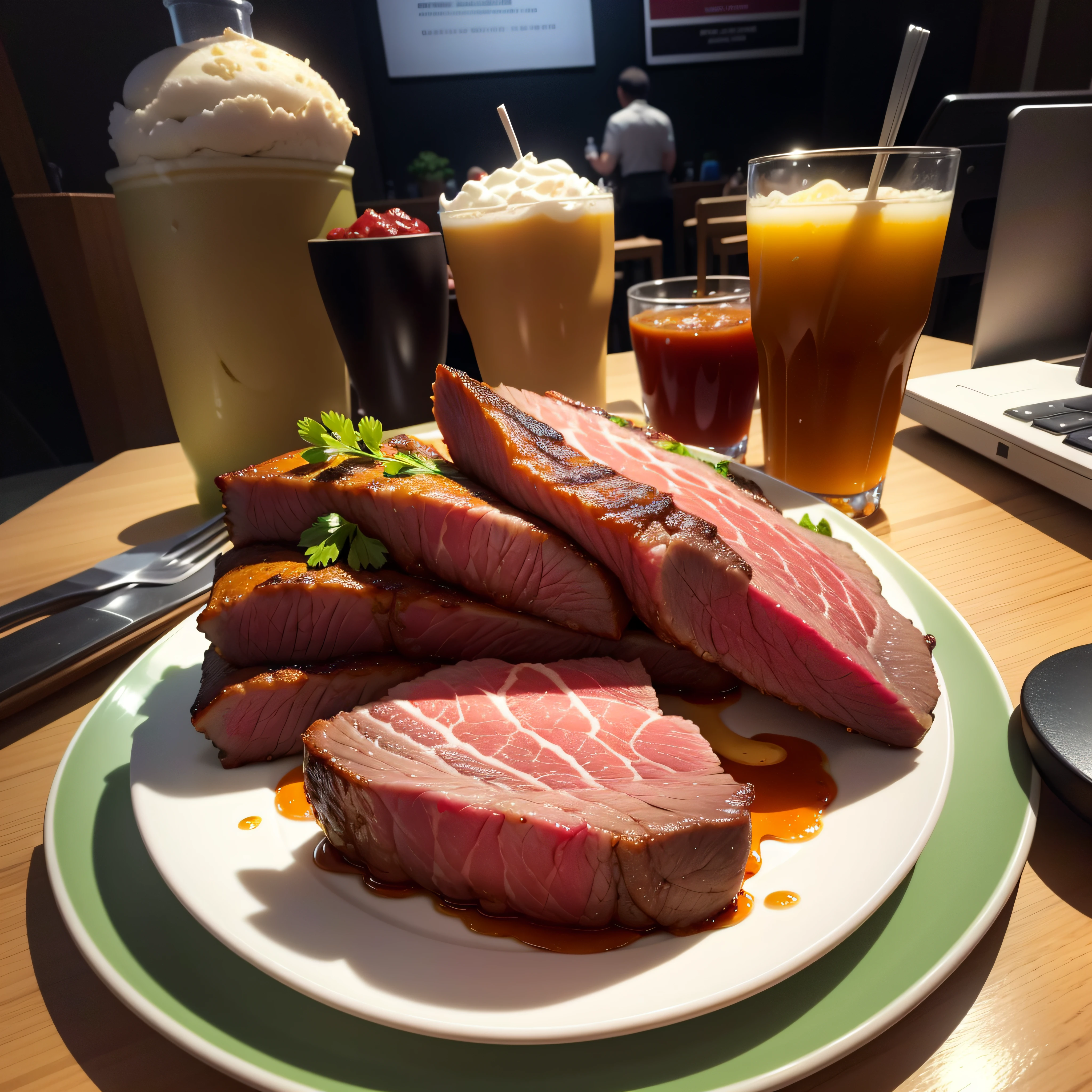 on the desktop,Arrange a plate of cut beef,The beef texture is clear,Looks appetizing ,delicacy,The colors are tempting, --auto