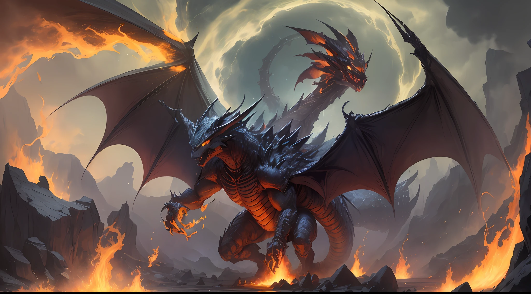 illustration for children's book. villain, black dragon, monster, gigantic. dark cave. fire. huge wings like a bat's. viper yellow eyes --auto --s2