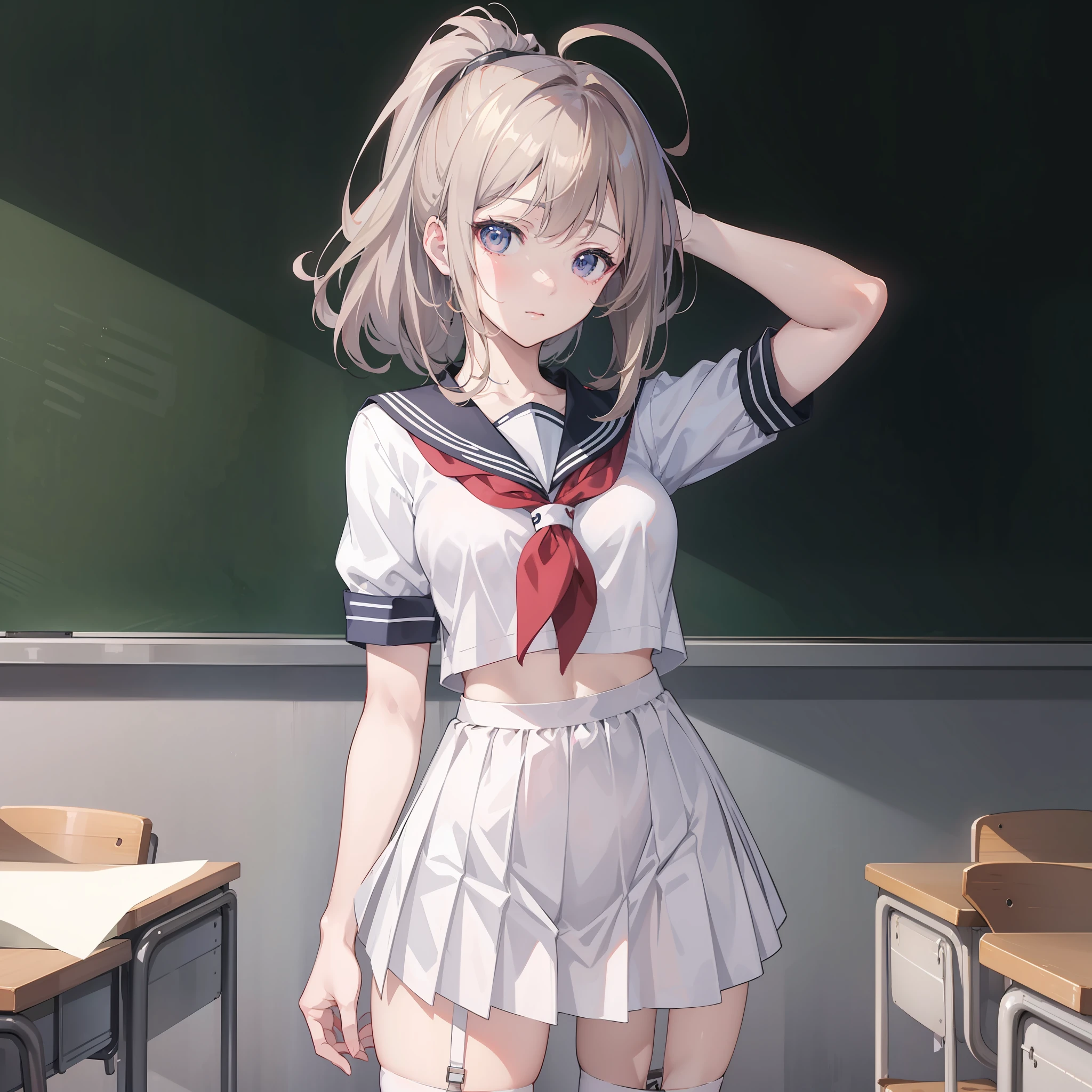 Anime girl in school uniform standing in front of blackboard, Beautiful Anime High School Girls, Smooth anime CG art, Kantai collection style, Realistic schoolgirl, seductive anime girls, Surrealism female students, standing in class, Surrealism female students, style of anime4 K, anime moe art style, attractive anime girls, An anime girl, Cute anime girl