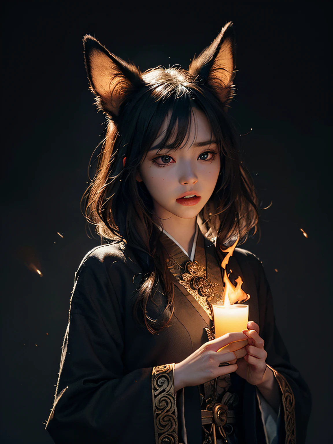 1girl, solo, official art, unity 8k wallpaper, ultra detailed, beautiful and aesthetic, masterpiece, best quality, photorealistic, (abstract background:1.5) (zentangle, mandala, tangle, entangle:0.7) Kitsune witch, fox mask, haori jacket, foxfire spell, fox familiar, transformation, depth of field, Fantastical Atmosphere, the most beautiful form of chaos, elegant, a brutalist designed dark theme, flower of death, ecstasy of flower