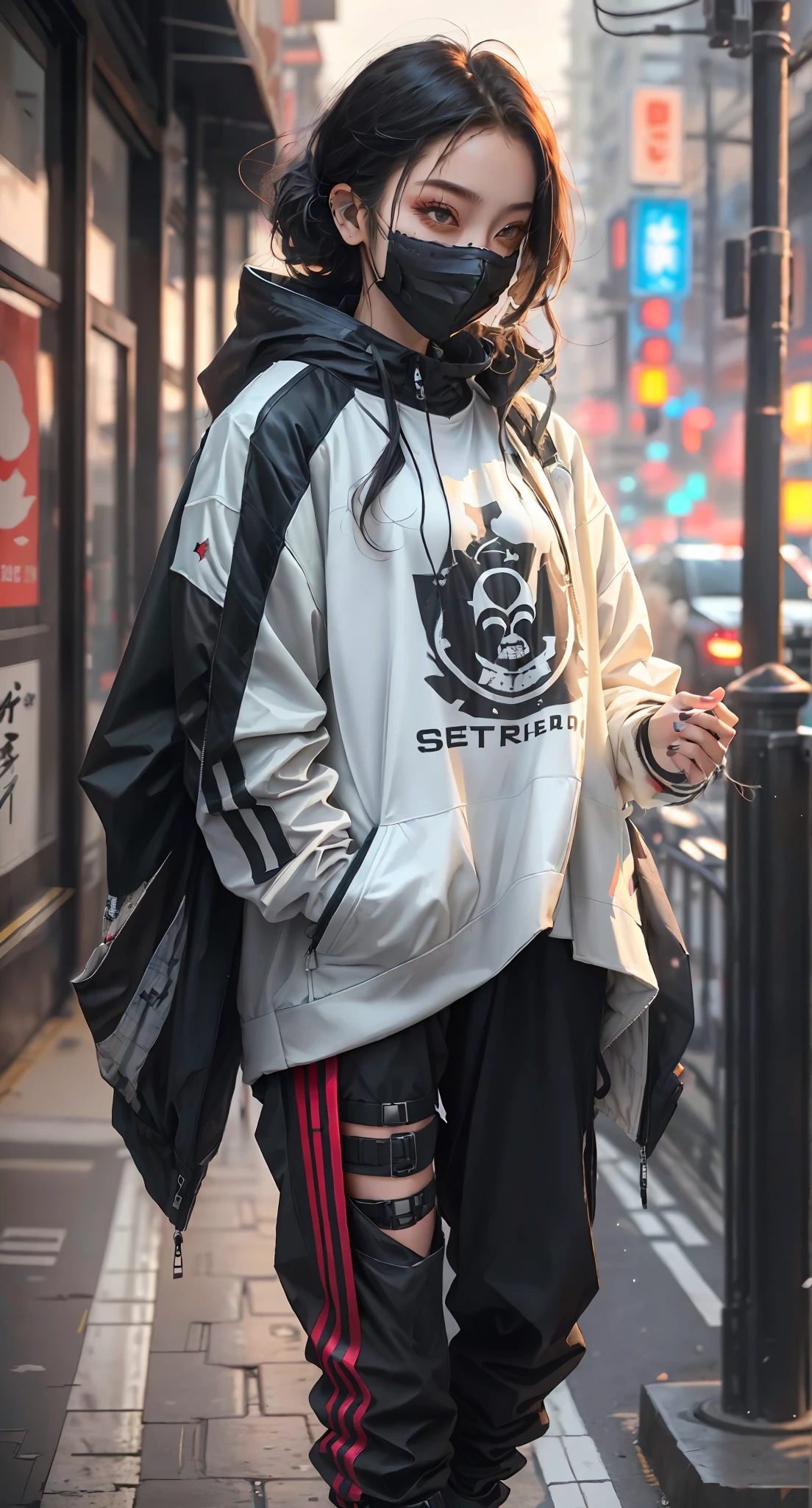 Aalfel walking down the street wearing a mask and jacket, She is seen wearing streetwear pieces, Woman in streetwear, wearing cyberpunk streetwear, japanese streetwear, cyberpunk streetwear, street clothing, streetwear fashion, casual streetwear, wearing japanese techwear, street clothing, Street attire, photograph of a techwear woman, wearing space techwear, E-Girl, e - girl