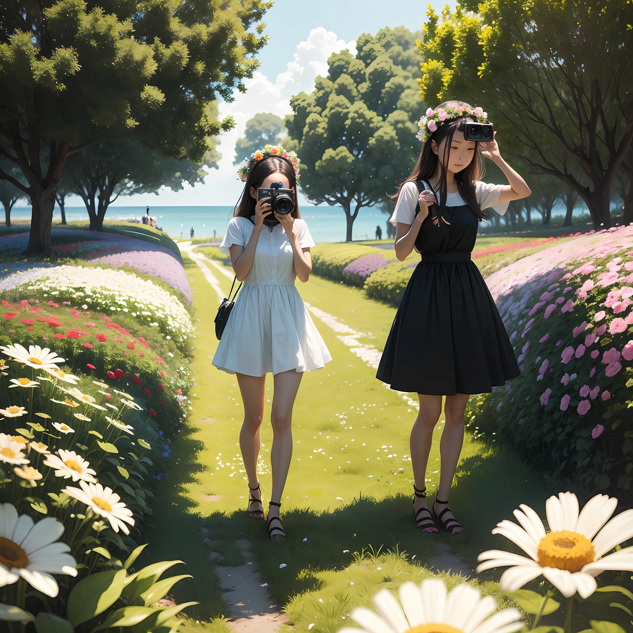 In a sea of flowers without buildings, there is a couple taking pictures --auto