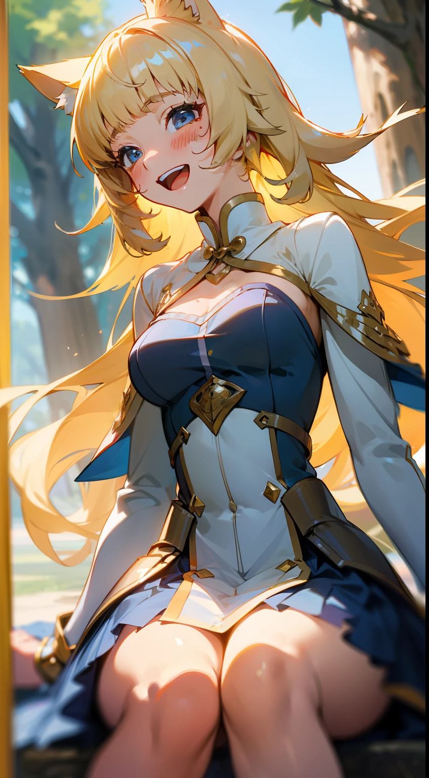 (pretty:1.5), magical princess, (adult), striking image, artistic composition, emotional, active, motion, particles,masterpiece,highest quality,1girl,(close up), magical, beautiful dress, motion blur, field of view, dramatic angle, (golden hair:1.3), 1girl, wolf ears, moderate breast, (ayaka:1.2), (canine tooth:0.4), resting under tree, back rest on tree's trunk, sweaty, fullfiled smile, open mouth