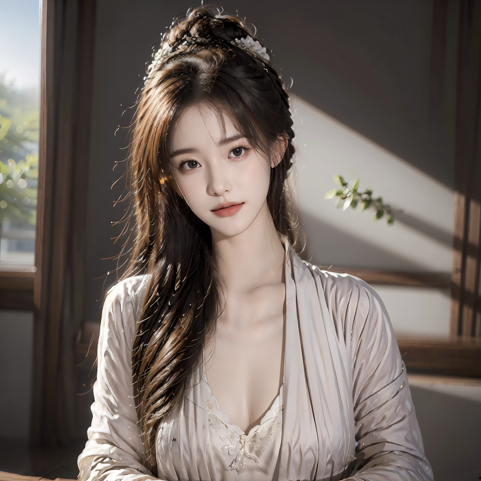 (RAW photos,best qualtiy),Smaller chest,deep v big breasts,(realisticlying,photograph realistic:1.3),tmasterpiece,Extremely Delicately Beautiful,extremely detaile,CG,unity,2k wallpaper,astounding,finedetail,Light smile,the Extremely Detailed CG Unity 8K Wallpapers,hugefilesize,ultra - detailed,A high resolution,the soft light,1girll,fully body photo,(long whitr hair:1.1),