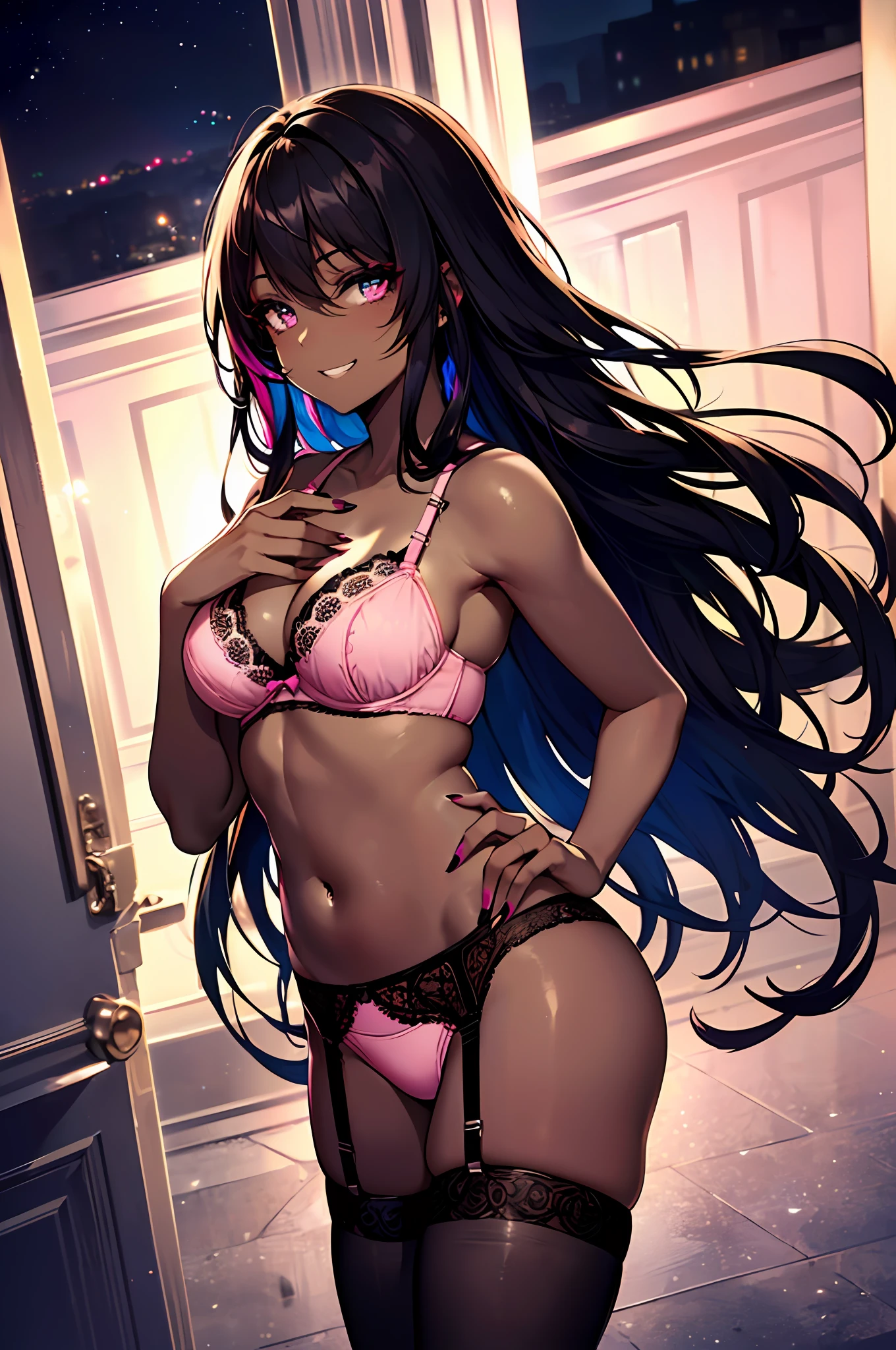 Top quality, Absurd, very precise details, highly detailed 8K wallpaper, (transcendent beautiful girl), (dark skin:1.5), (long brown hair), (five fingers, 4fingers and 1thumb), hand_on_hip, grin, (detailed beautiful eyes), colorful false nails, (Pink sexy lingerie:1.2), garter belt, long eyelashes, dark makeup, veranda at night,