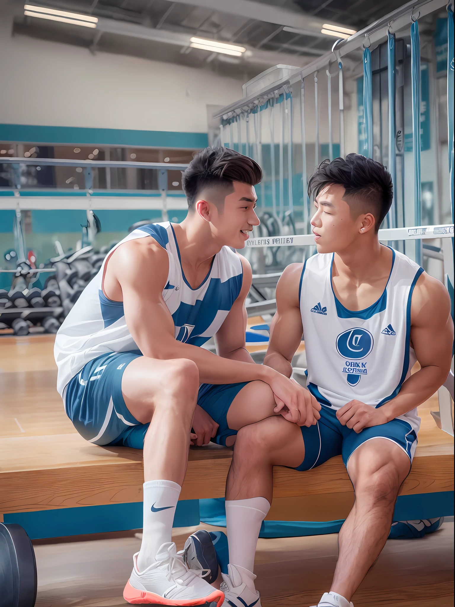 2 boys kissing, smiling, realistic photography, a Chinese sportsman, (handsome and muscular:1.4), huge pectoral muscle,20 years old young, 188cm tall, full body, sitting on a bench, (in a gym:1.5), big and bright eyes, thick eyebrow, sleeveless blue and white soccer uniform, compress soccer shorts, white socks, black soccer shoes