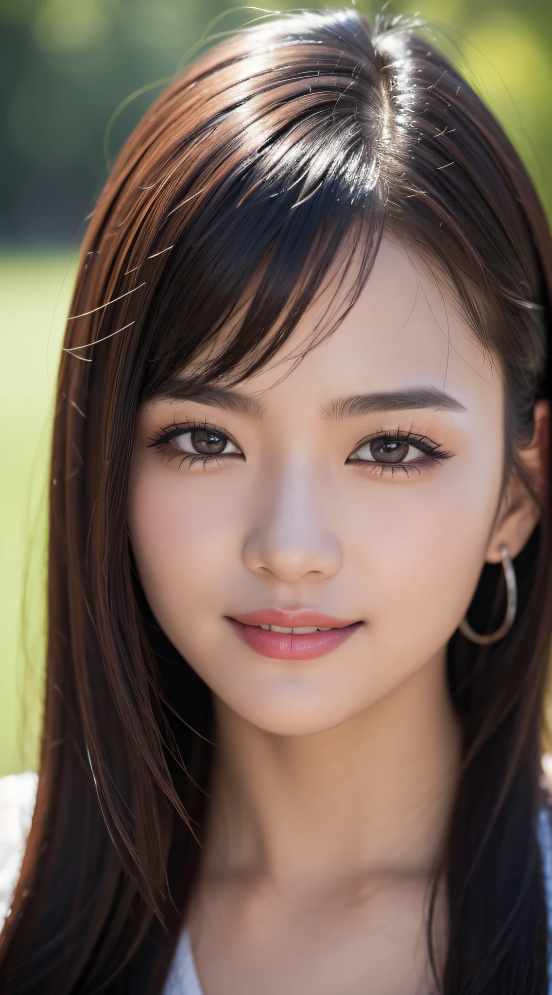1 person woman,独奏, Close-up of the face、 (Photo Real:1.4), (hyper realisitic:1.4), (realisitic:1.3), (Smooth lighting:1.05), (Improve video lighting quality:0.9), 20 years girl, Realistic lighting, Back lighting, (cheerfulness:1.2), (Improved image quality:1.4), (Finest Real Textured Skins), Narrow-eyed, Super fine face, ssmile, Double eyelids, close up of face, hposing Gravure Idol, Red to Teak, eyeshadows、lipsticks、glowy skin, selfee, Ray tracing, reflective light, F/1.2, 135 mm, NIKON, nffsw, nffsw, retinas, tre anatomically correct, ccurate, Super Detail, Textured skin, High quality, high details, Best Quality, hight resolution, 1080p,