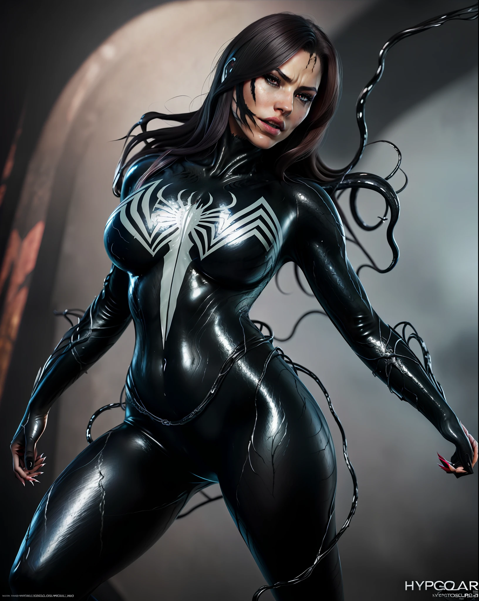venom woman, highly detailed realistic illustration of a (sexy:0.5) vengeful woman, dark colors, (hyperrealistic, big depth of field, colors, 3d octane render, 4k trending on artstation:1.1),
