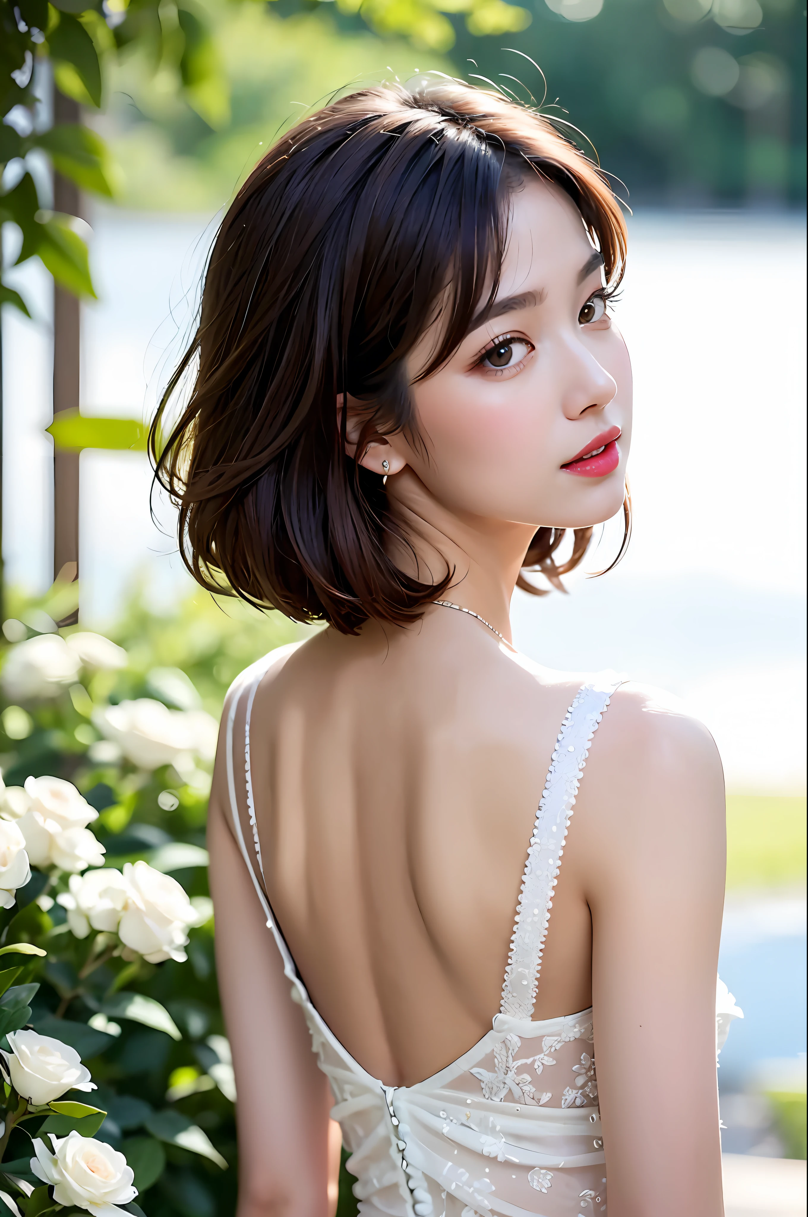 nsfw， 8K Raw photograph， best qualtiy， tmasterpiece， 超高分辨率， filmgrain， cinematic ligh， 1girl， looking at viewert， Natural skin texture， Realistic Eyes and Face Details， full pouty lips， lipsticks， （putting makeup on）， Red Eyeshadow， Short fluffy hair，By bangs， messy  hair， ssmile， Keep one's mouth shut， beautifullegs， Tall women， being thin， slim_legs， 独奏，Large breasts，， posing on a， Superskirt，White wedding dress，Veil，Beautiful natural location， Location of flowers around， （detailedbackground）， vague background， bblurry， halter， tartan， ，， brown  hair， bangle， Eau， By bangs， ， jewely， parted lip， cparted lips， From the side Side， ， depth of fields