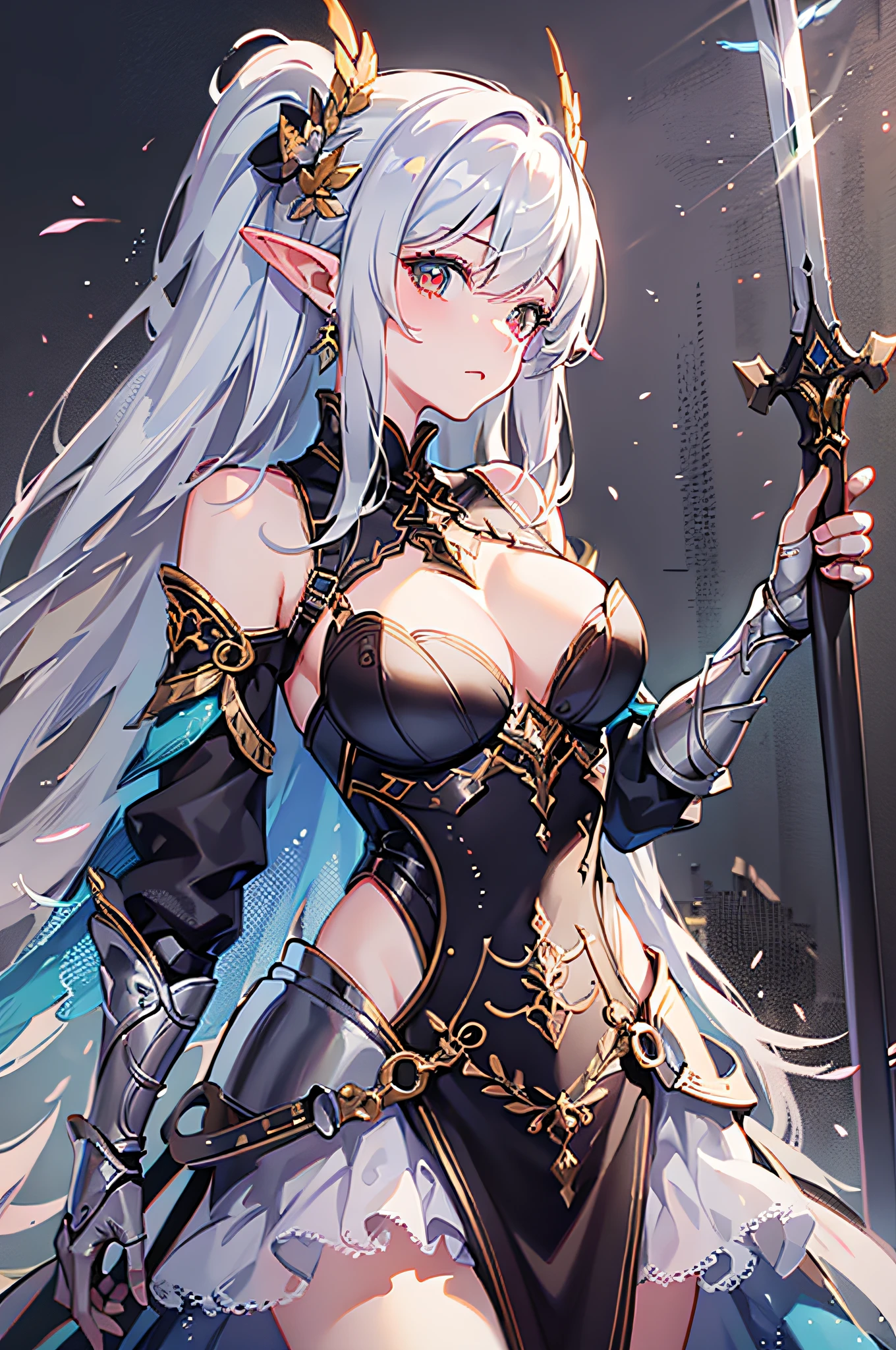 ((4K,tmasterpiece,best qualtiy)),maxiskit,((Conservative dress)) 1 rapariga,独奏,【full bodyesbian】,Wide shot,standing on your feet,{clutching a sword},(whaite hair),【long whitr hair】,elvish ears,valkyrie,armor,angelicales,White bra,side bang,from the front side,Oversized body,natta,mont,looki at viewer,(((red - eyed)),(exposing her chest),Dragon's horn,((adorned in majestic attire))