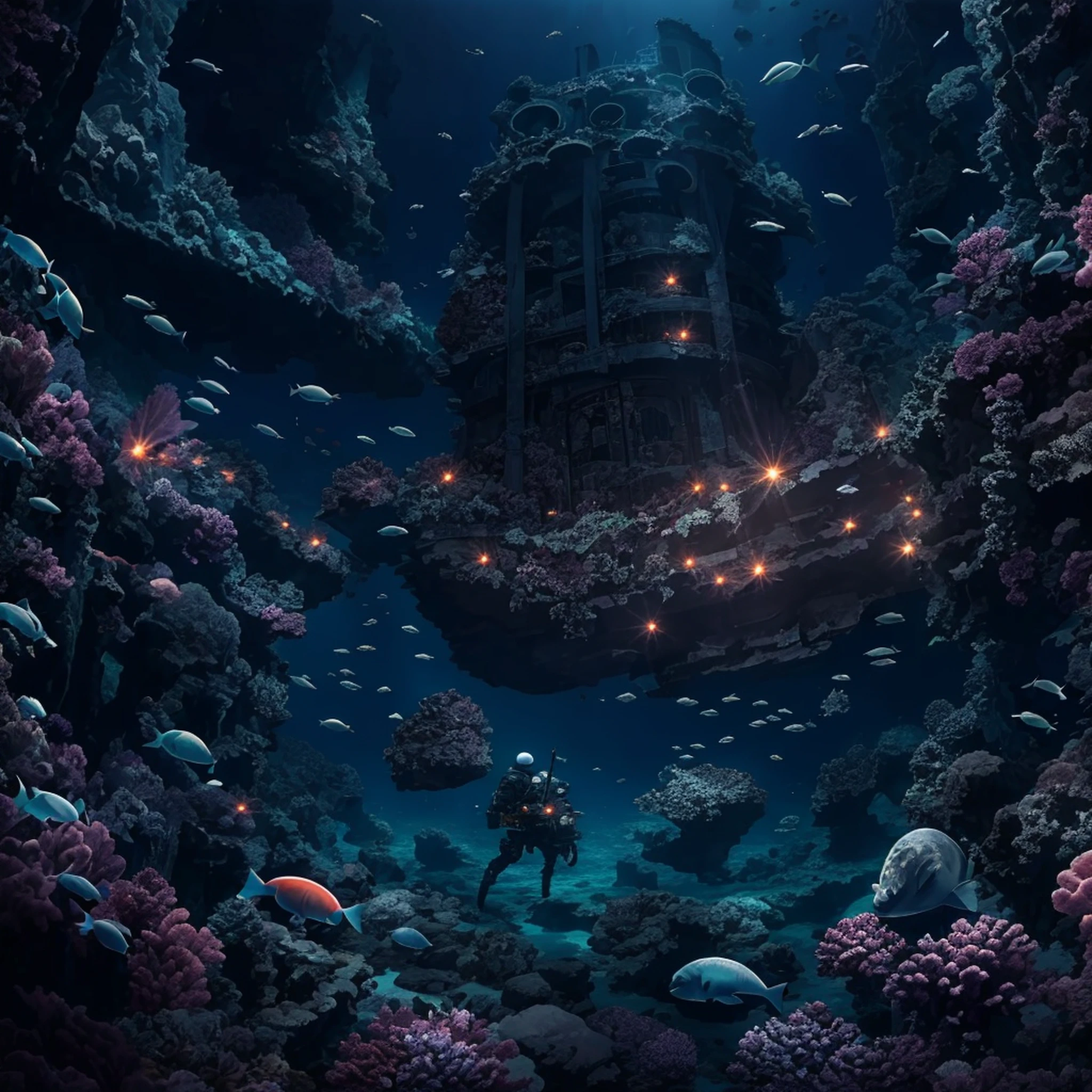 Deep sea、abyssal、Poseidon、A world of darkness without light、Deep seabed where light does not reach、Under the sea、The sea is far above、The Darkness、Scars of War、masterpiece、realisitic