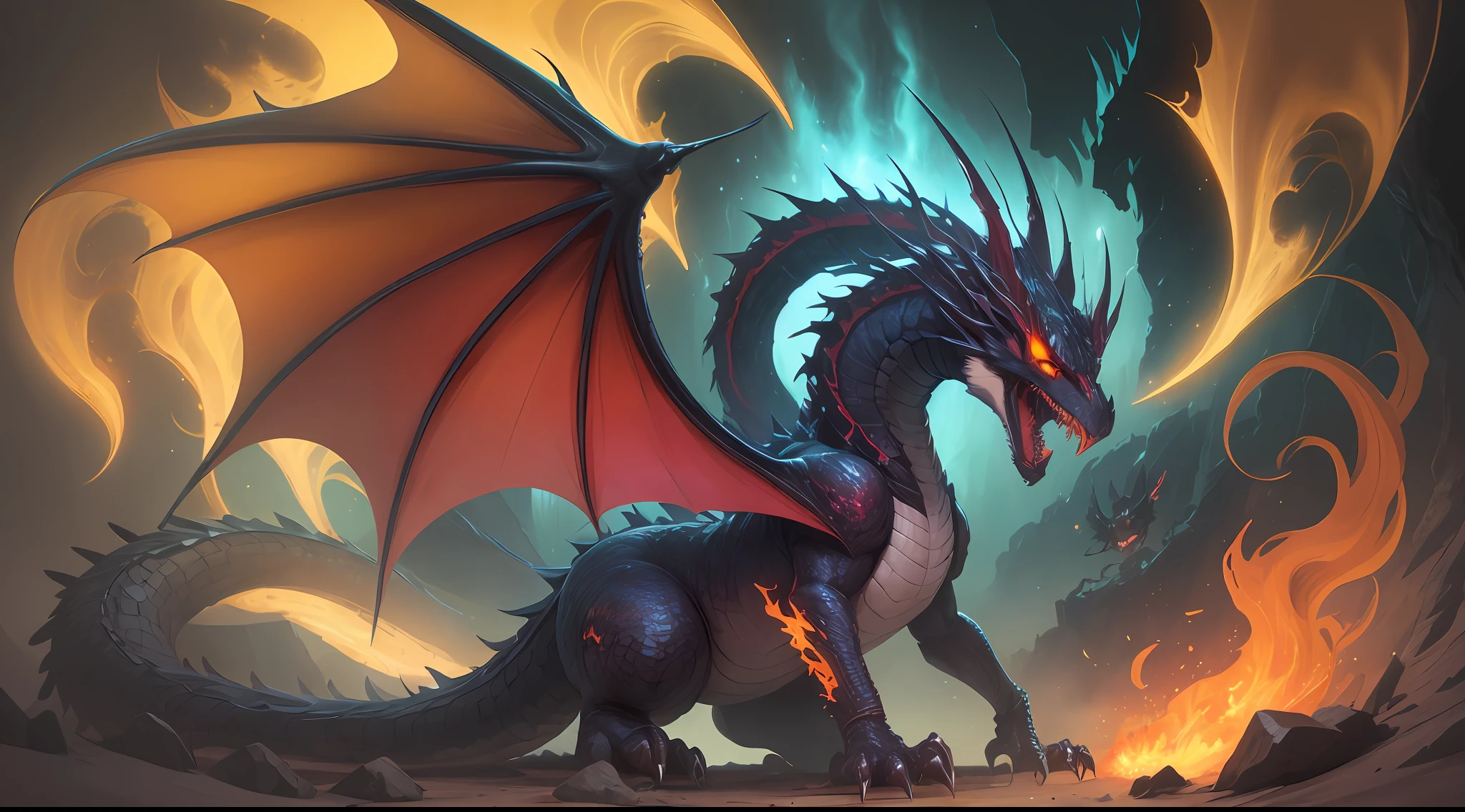 illustration for children's book. villain, black dragon, monster, gigantic. dark cave. fire. huge wings like a bat's. viper yellow eyes --auto --s2