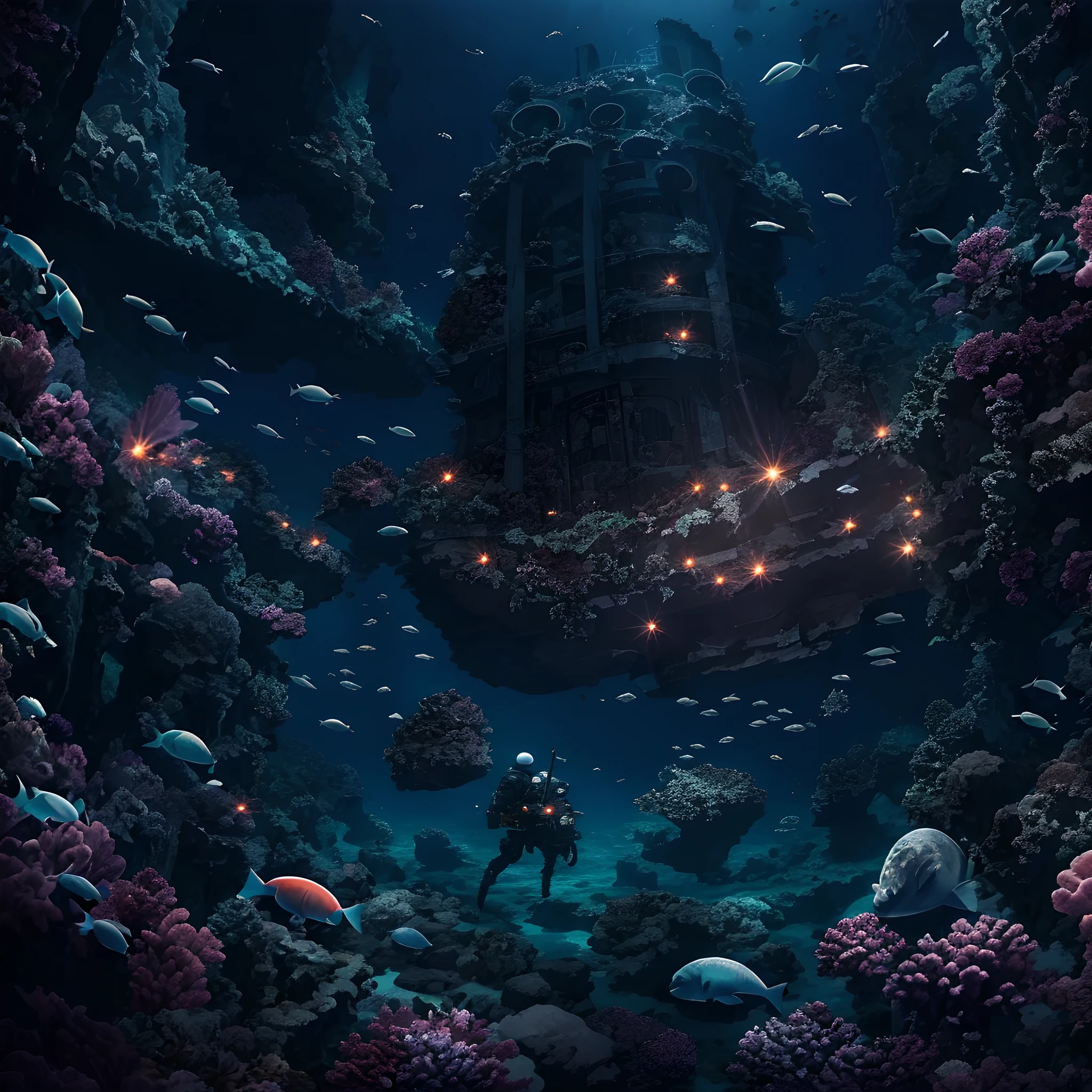 Deep sea、abyssal、Poseidon、A world of darkness without light、Deep seabed where light does not reach、Under the sea、The sea is far above、The Darkness、Scars of War、​masterpiece、realisitic
