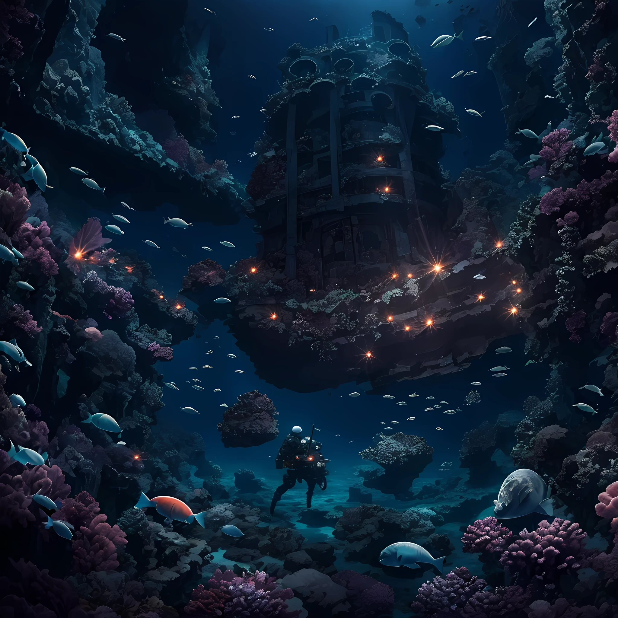 Deep sea、abyssal、Poseidon、A world of darkness without light、Deep seabed where light does not reach、Under the sea、The sea is far above、The Darkness、Scars of War、​masterpiece、realisitic