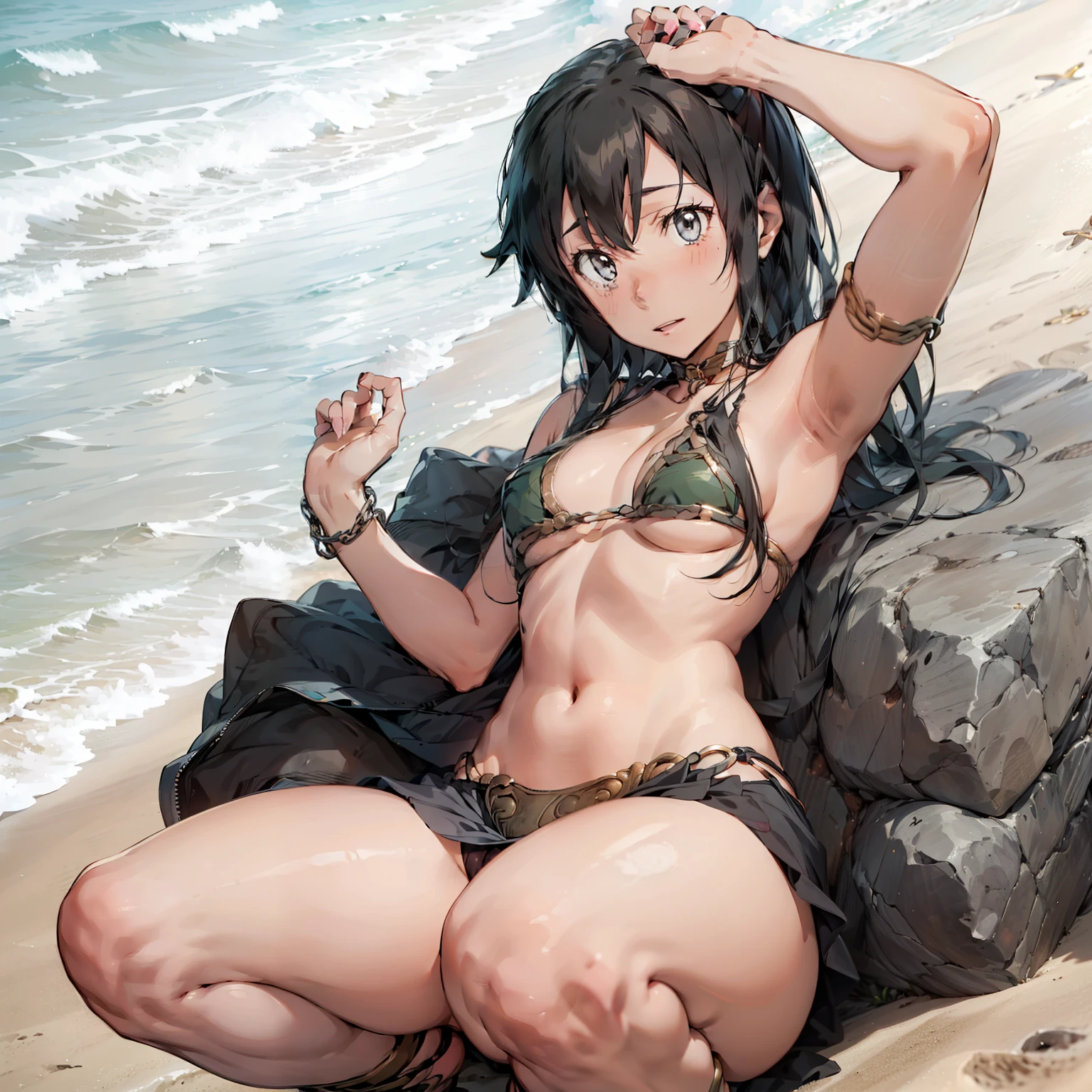 (yukino yukinoshita:1.5), (solo:1.5), slavekini, beach, sand, clear water, thigh gap, squatting, chained, choker