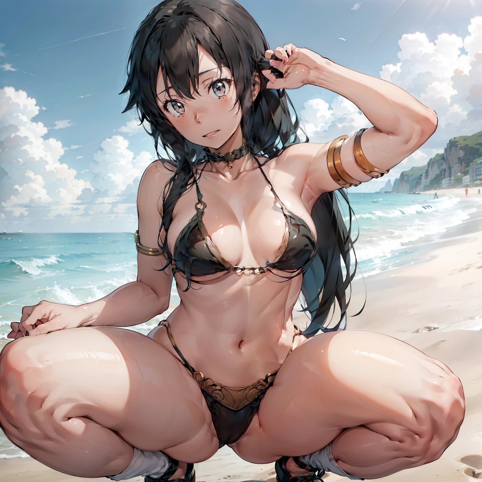 (yukino yukinoshita:1.5), (solo:1.5), slavekini, beach, sand, clear water, thigh gap, squatting, chained, choker