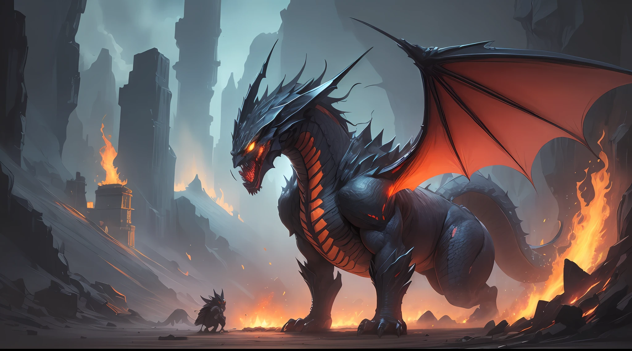illustration for children's book. villain, black dragon, monster, gigantic. dark cave. fire. huge wings like a bat's. viper yellow eyes --auto --s2