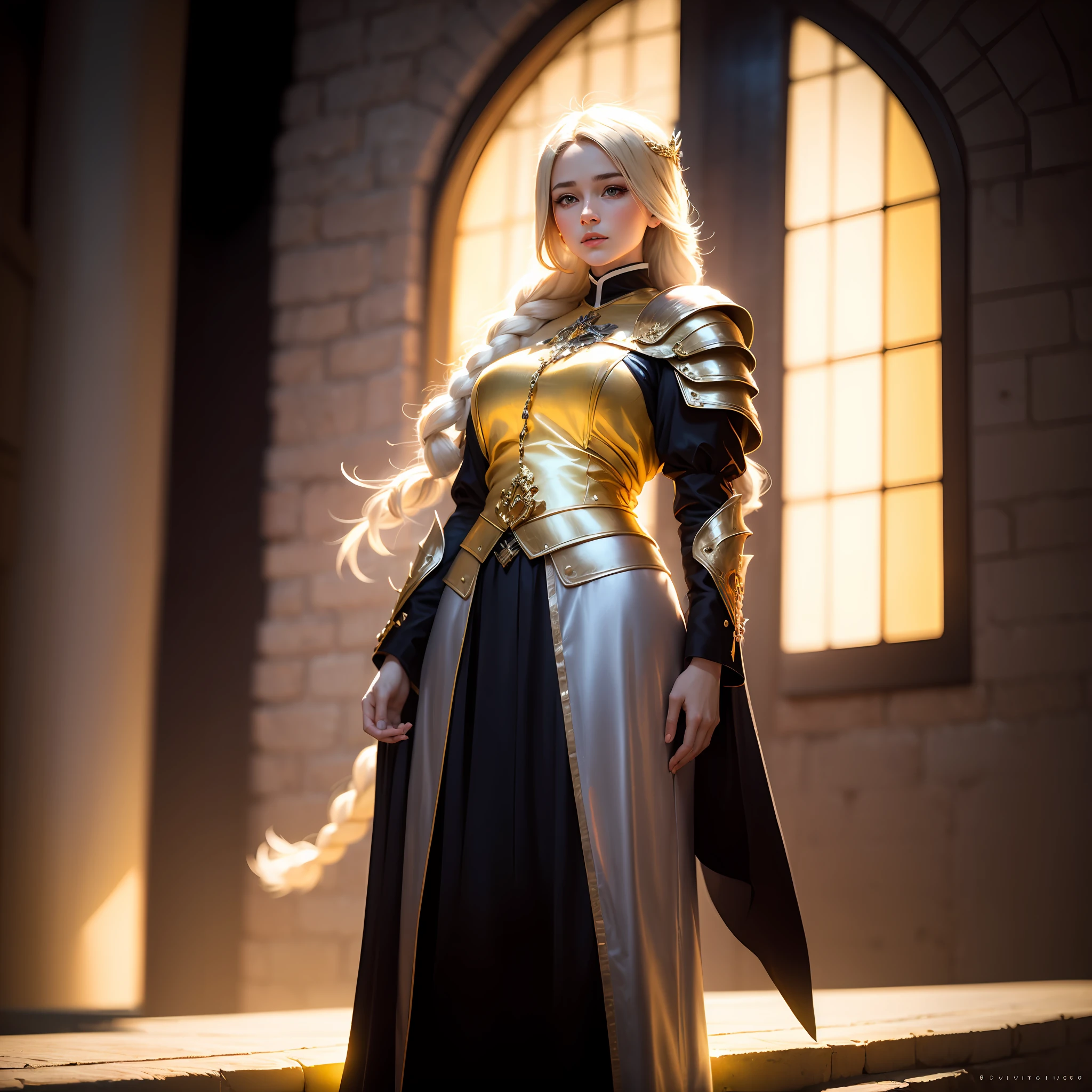 The girl exudes a warm yellow light, blonde woman, average hair length, Clergyman's armor, levitation, full length, gray eyes, Divine power, braided hair, Magic, light background, Dark outfit with gold
