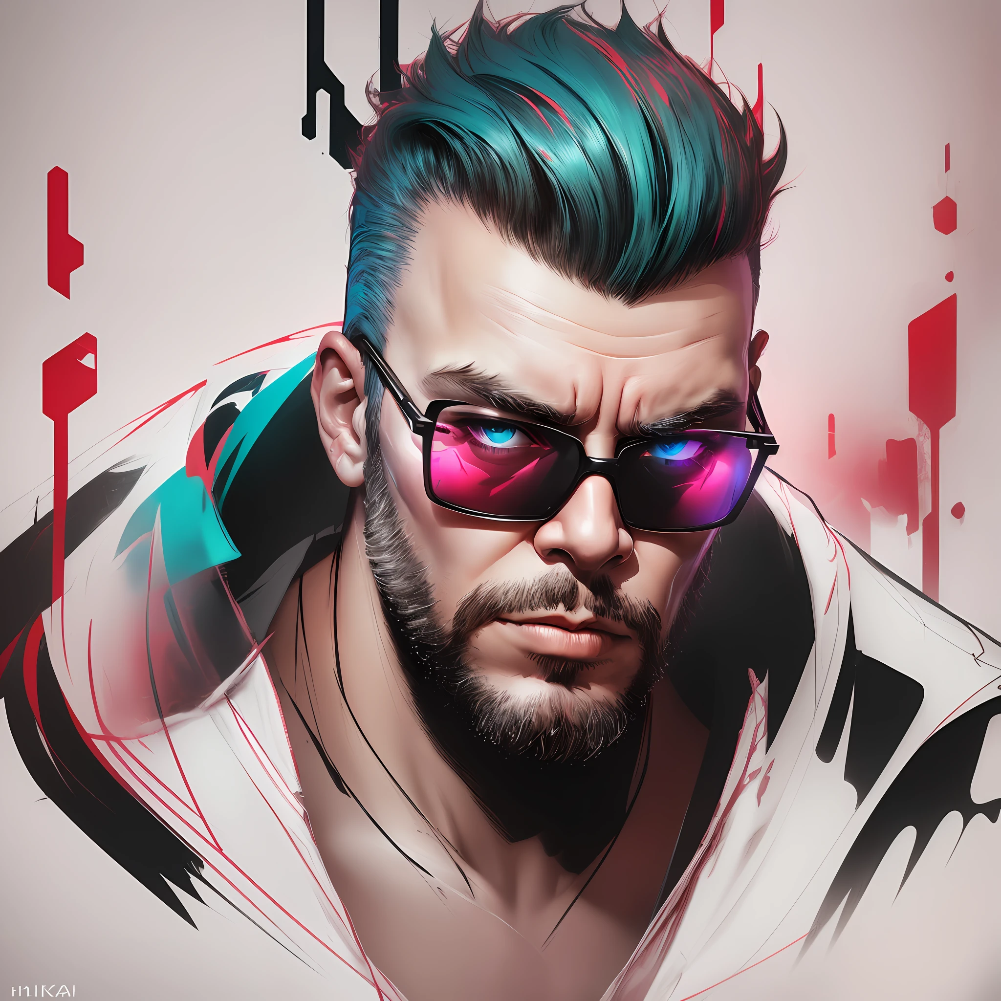 a man with a beard and sunglasses, cyberpunk art, funk art, stunning gradient colors, stylized portrait h 704, pompadour, twitch streamer, cold colors. insanely detailed, t-800, no watermark signature, in rich color, outrun