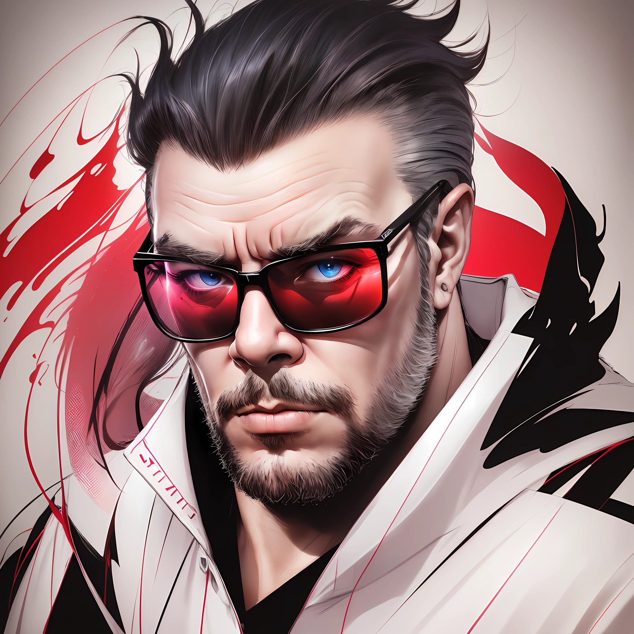 a man with a beard and sunglasses, cyberpunk art, funk art, stunning gradient colors, stylized portrait h 704, pompadour, twitch streamer, cold colors. insanely detailed, t-800, no watermark signature, in rich color, outrun