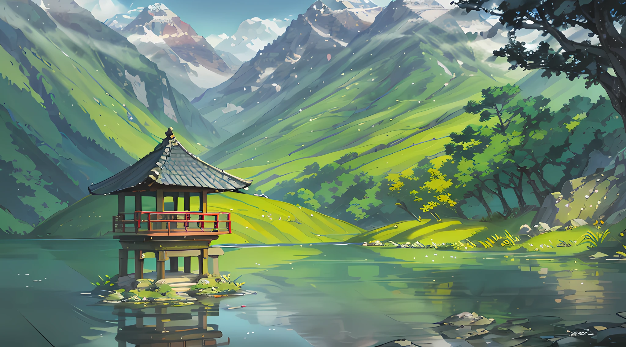 Chinese ancient times, spring, jungle, lake, cave, waterfall, tree, meadow, rock, deer, hot spring, water vapor, (illustration: 1.0), epic composition, realistic lighting, HD details, masterpiece, best quality, (very detailed CG unified 8k wallpaper)