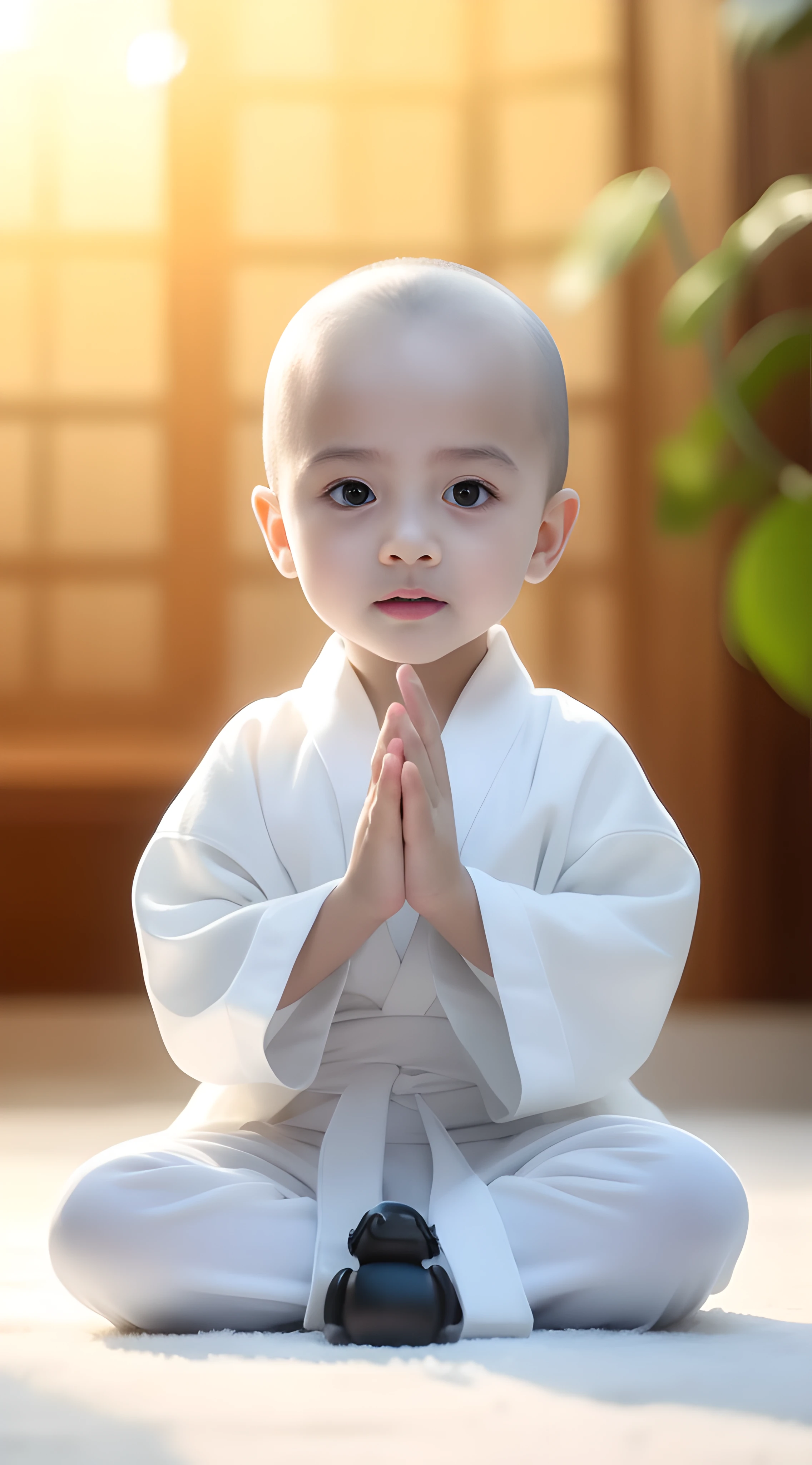 Close-up of a  sitting on the ground in a white robe, he is greeting you warmly, dressed in simple robes, peaceful expression, prayer meditation, blessing hand, littlwearing nun outfit, peace, wearing white robes with!, very calm and wholesome, a serene smile, young wan angel, Serene expression, Buddhist, wearing white robes with, yanjun cheng，bald-headed