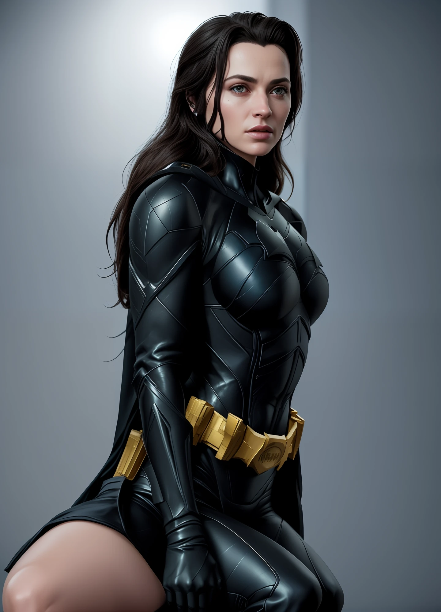 Extremely Hyper-Realistic woman Batman Breathtaking in High Definition,extremely Hyperrealistic ultra perfect body,high definition eyes,costume in high definition,highly hyper detailed sitting in a hyperrealistic dynamic 3d pose,lush details,dynamic effects,hyper-processed in extreme hyperrealism in ultra 8k with octane render in hyper-resolution