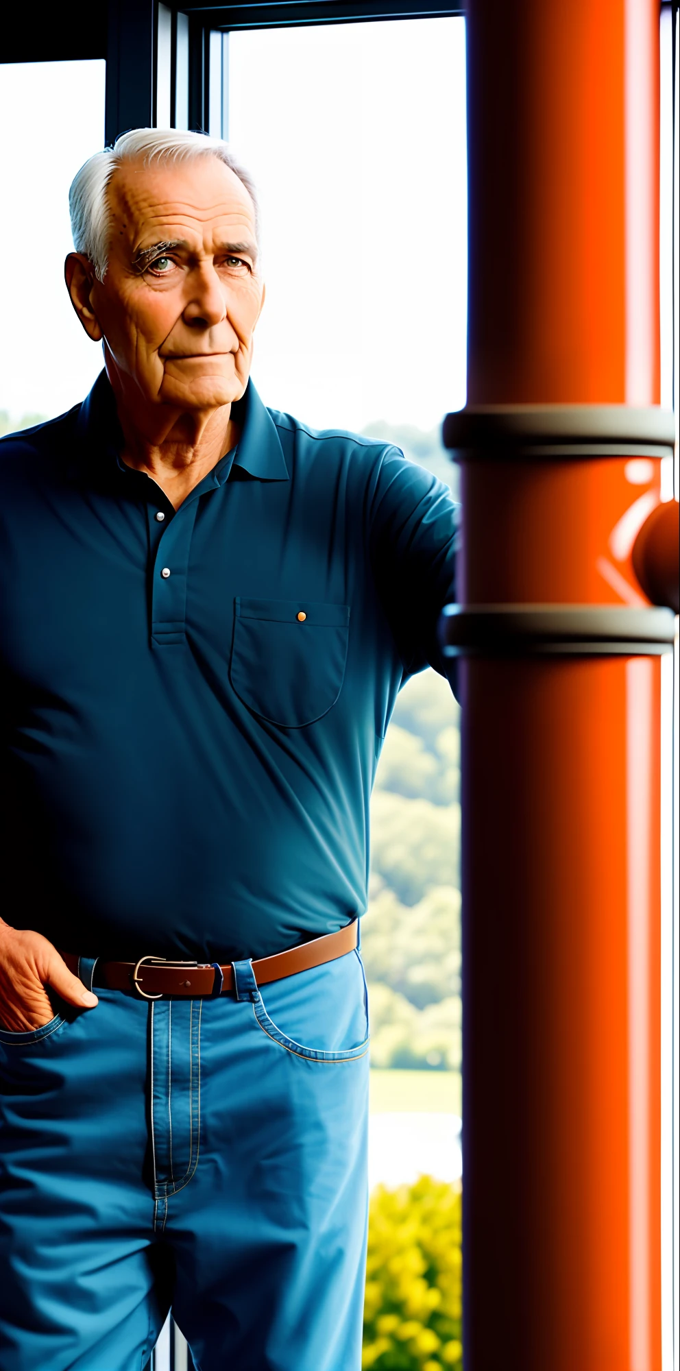 Mature male standing in front of window holding a pipe