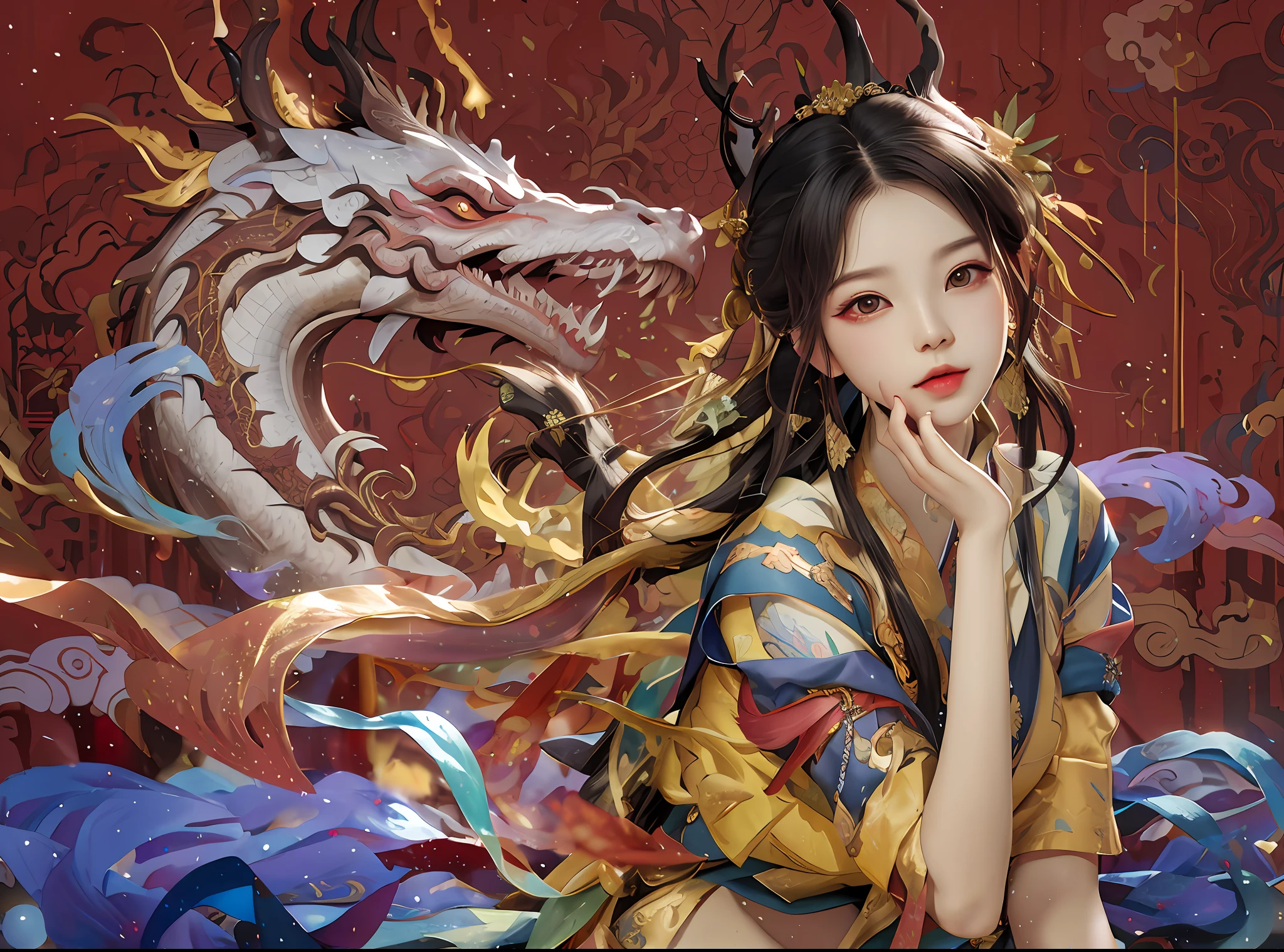 There is a dragon behind him, the dragon girl portrait, by Yang J, trending on cgstation, drak, inspired by Park Hua, Chinese fantasy, Dragon girl, Inspired by Lan Ying, Beautiful character painting, dragon-inspired cloth robes, Palace ， A girl in Hanfu, Guviz, inspired by Wu Bin